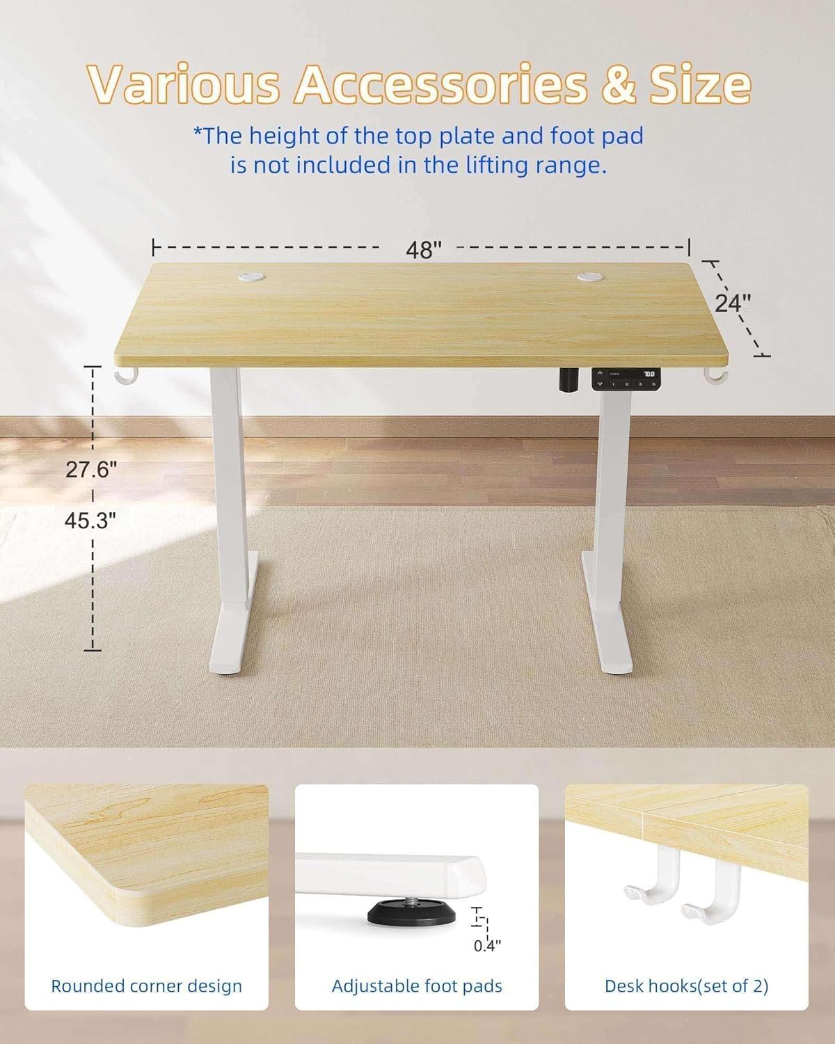 YIHAYO Electric Standing Desk, 48 x 24 Inches Stand Up Desk with Splice Board, Adjustable Height Desk, Computer Desk for Home Office, White Frame/Natural Top