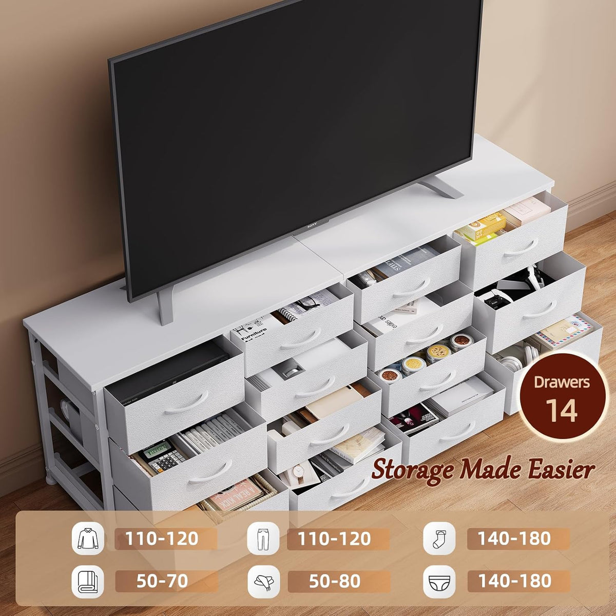 63 Inch TV Stand Dresser for Bedroom, Long White Dresser with 14 Fabric Drawers for 65 70 75 Inch TV, Entertainment Center with Storage Media TV Console Table