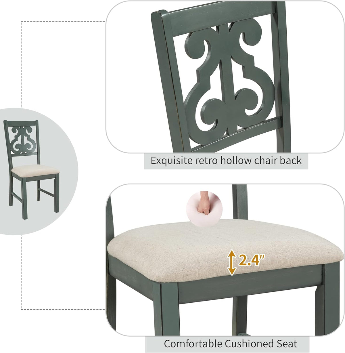 5-Piece Round Dining Table with Special-Shaped Table Legs and Storage Shelf,4 Fabric Chairs W/Cushioned Seat,for Dining Room Living Room,Antique Blue/Dark Brown