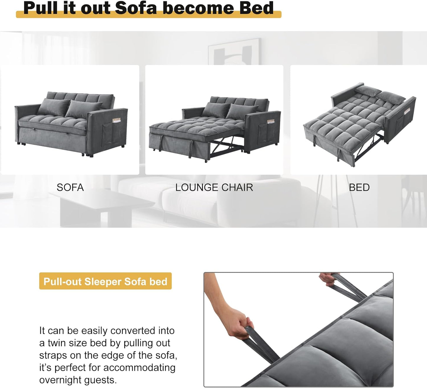 3 in1 Sofa Bed, Pull-Out Sleeper Sofa Bed with 3-Level Adjustable Backrest, Velvet Fabric Convertible Love Seat Sleepers Beds for Living Room & Bedroom & Apartment, Grey