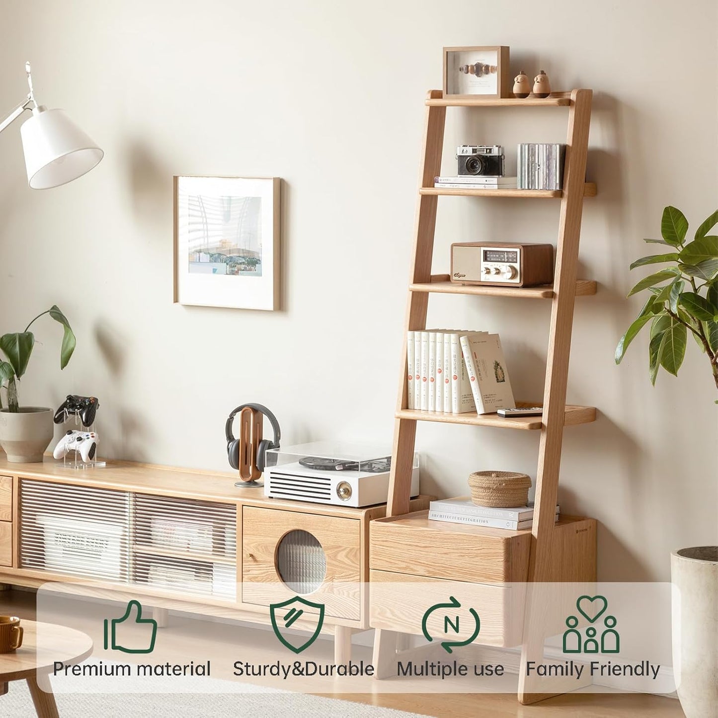 100% Solid Wood 5 Tier Ladder Shelf, Narrow Ladder Bookshelf with Drawers, 63.78" Tall Wood Bookcase Storage Rack Organizer, Freestanding Storage Shelve for Living Room Bedroom