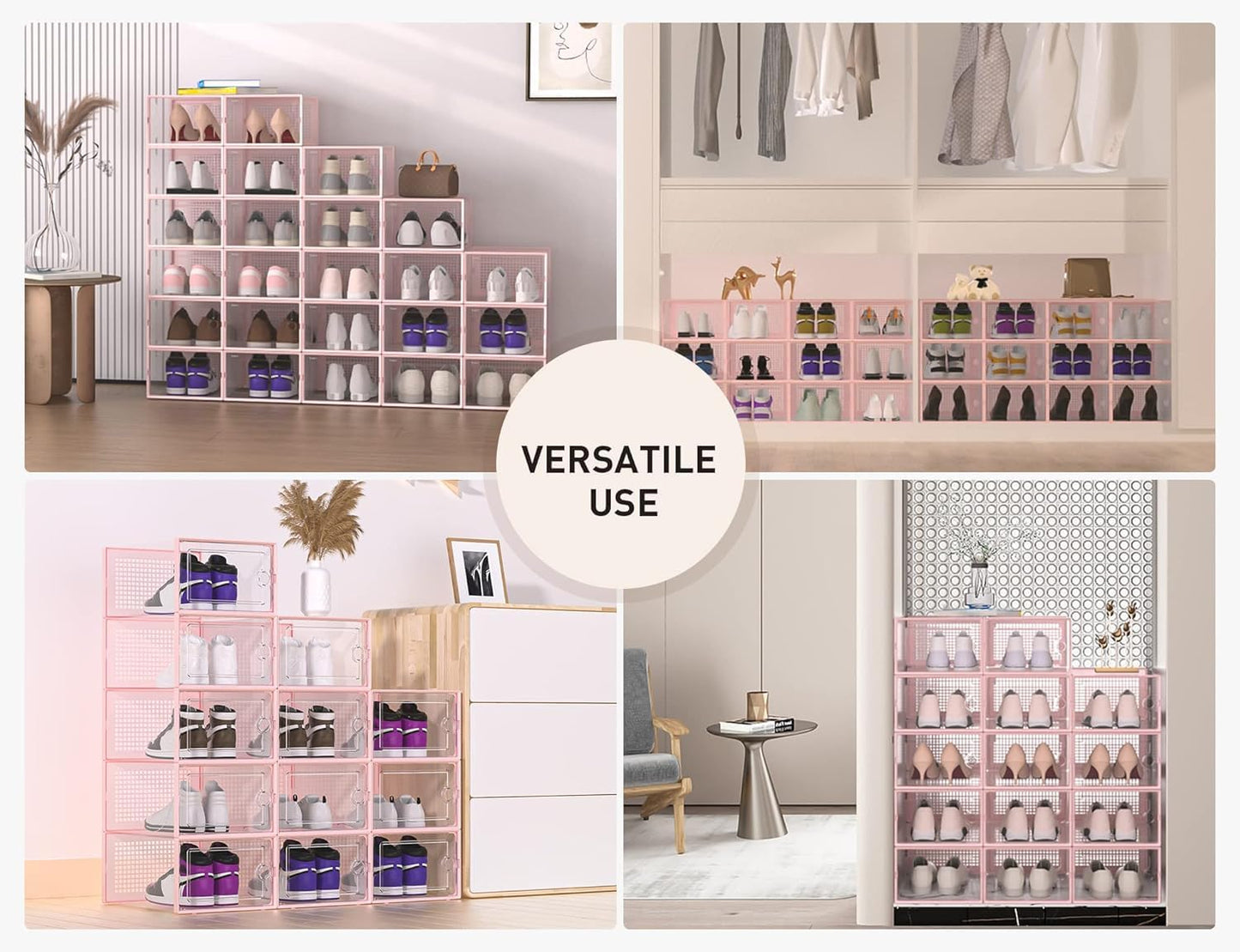 Kuject X-Large Shoe Storage Boxes Organizers Clear Plastic Stackable 12 Pack, Shoe Rack & Holder Substitute, Sneaker Containers, Toy Storage Organizer Bins for Entryway, Closet, Under Bed, Pink