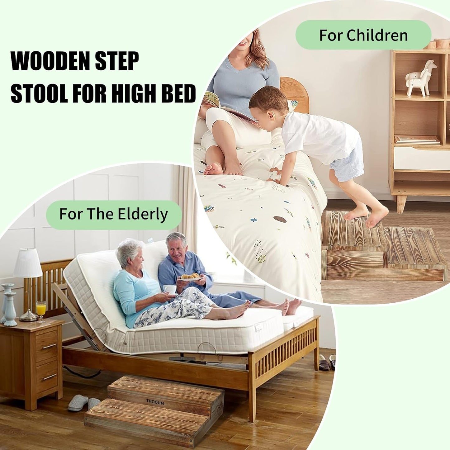 Wooden 2 Step Stool for High Beds, Moderate & Applicable 2-Step Stools for Seniors, Solid Wood steppingStool, Built-in Handle for Easy Carrying, 25.6" W
