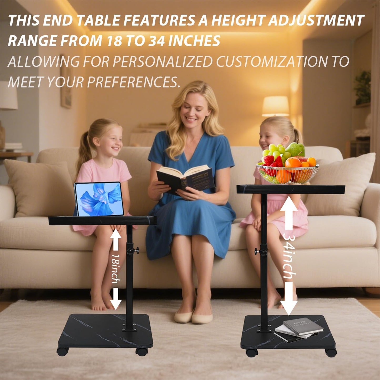 Simcat C Table End Table Adjustable Height, C Shaped Side Table with Wheels, 360° Swivel TV Tray Table, Sofa Side Tables for Small Spaces/Living Room/Bedroom/Bathtub/Hospital