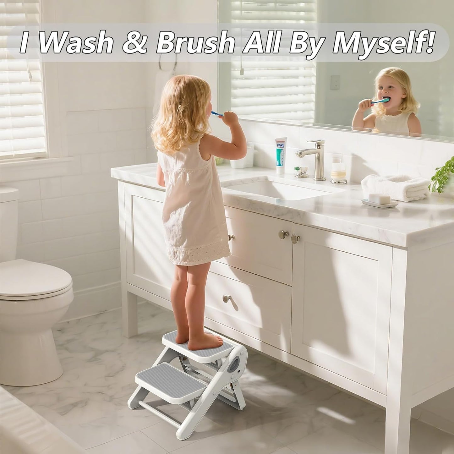 Toddler Step Stool, iNeibo 2-Step Foldable Step Stool for Kids, Widened & Thickened with Anti-Slip Design, Safer for Children Use for Kitchen, Bathroom, Toilet Training - Gray