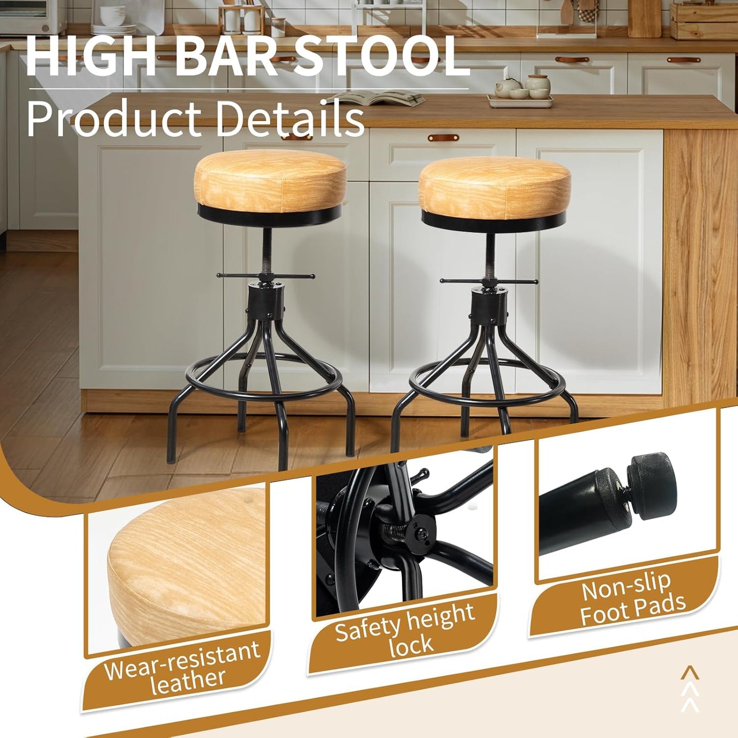 Swivel Bar Stools Set of 2 Adjustable Swivel Round Barstools Modern PU Leather 28inch Backless Counter Height Stool Metal Industrial Bar Chair for Kitchen Island (2, Ash Wood PU Leather)