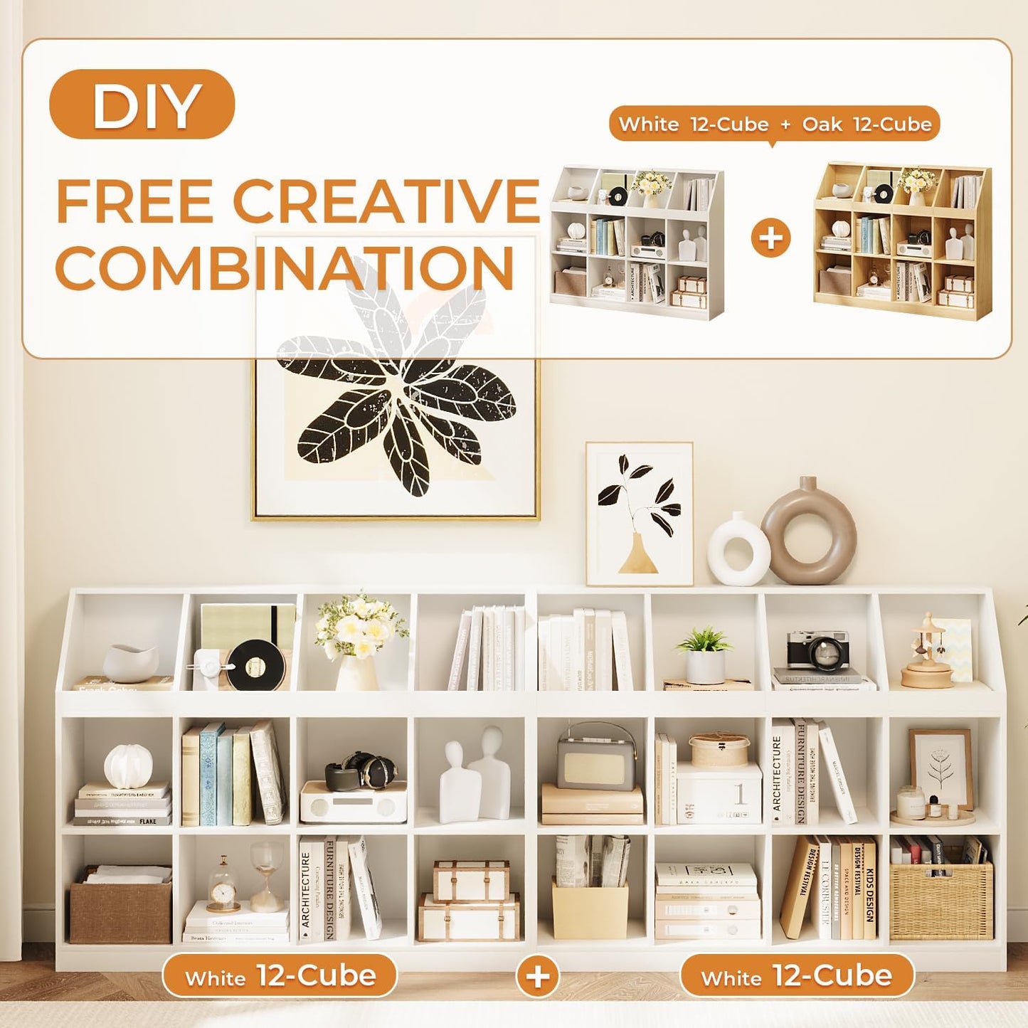 12-Cube Wooden Storage Bookcase - 11-Inch Open Shelf Cabinet, Simple Modern Bookshelf Organizer for Home Office, Living Room, White