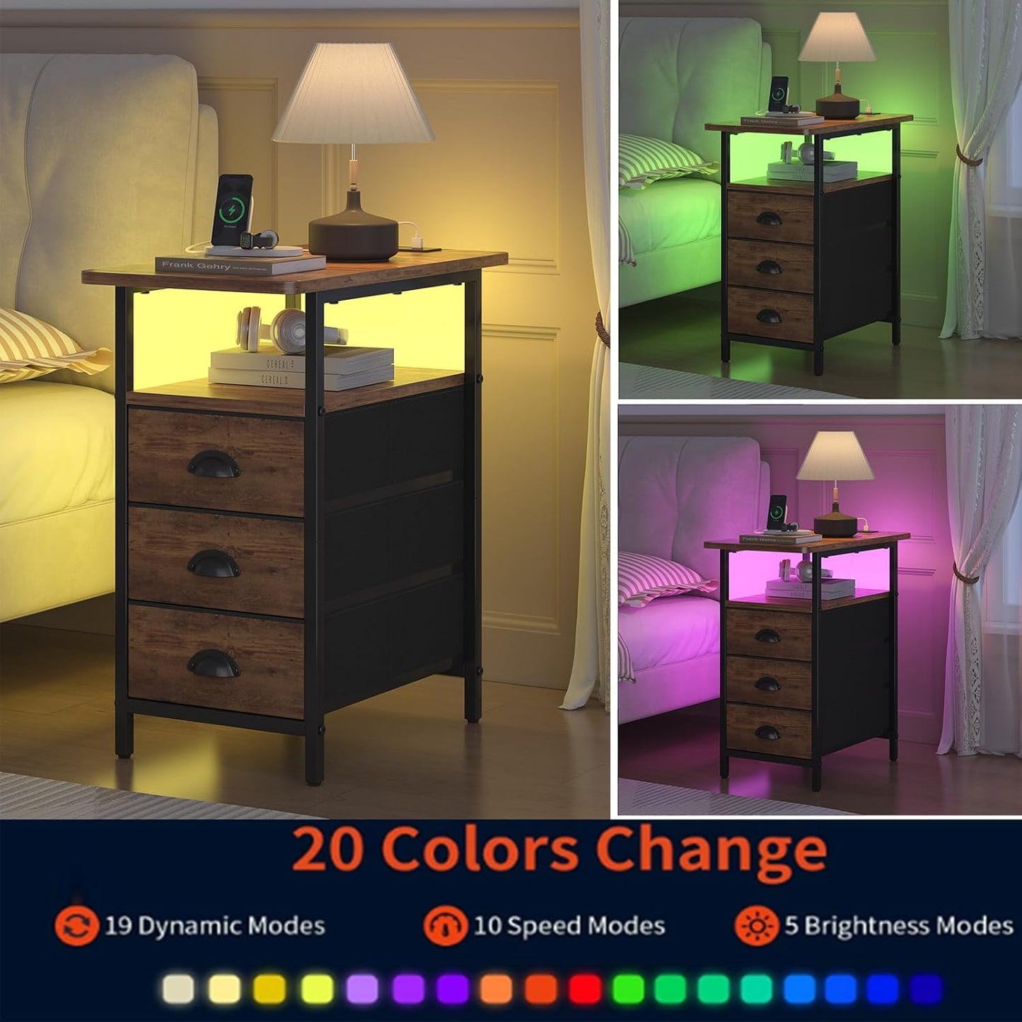 End Table with Charging Station,LED Side Tables with USB Ports and Outlets,Narrow Nightstands Bedside Tables with 3 Fabric Drawers for Small Space,Slim Sofa Table for Livingroom, Rustic Brown