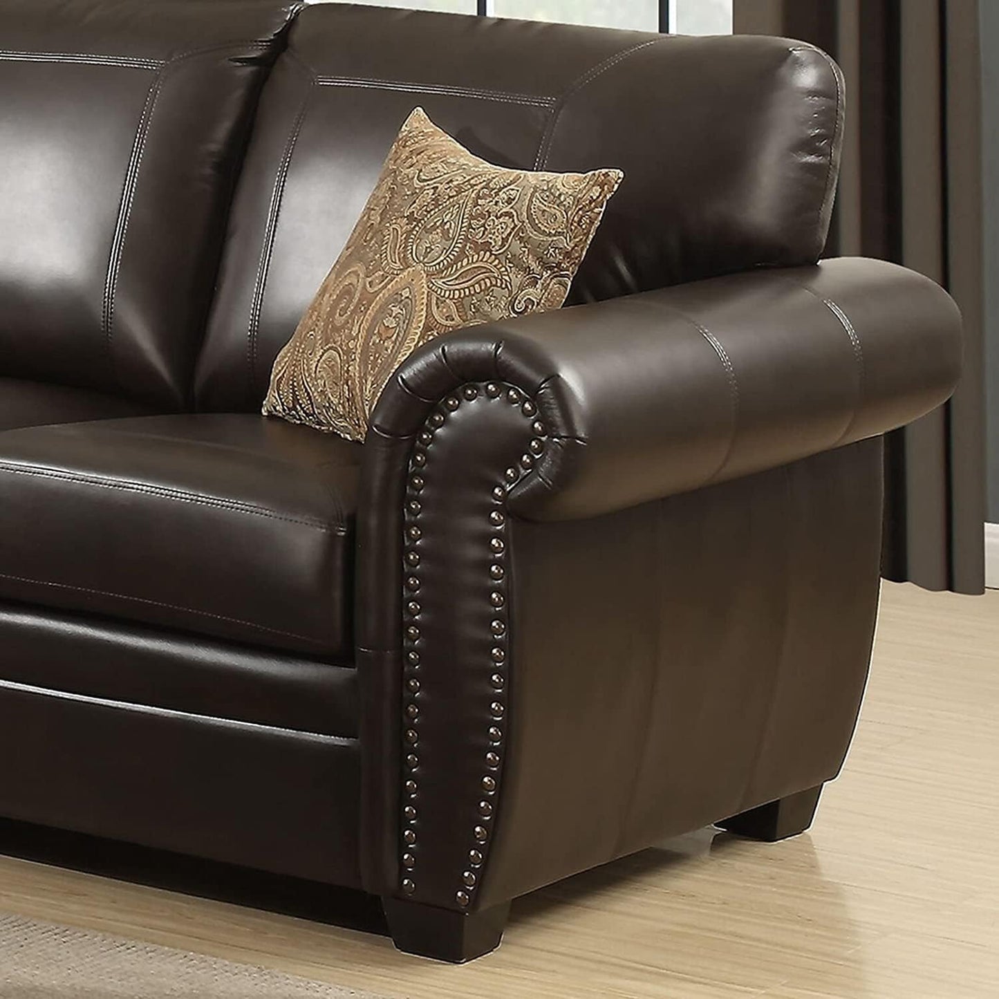 AC Pacific Louis Collection Traditional 3-Piece Upholstered Leather Living Room Sectional with Antique Nail Head Trim and 2 Accent Pillows, Brown