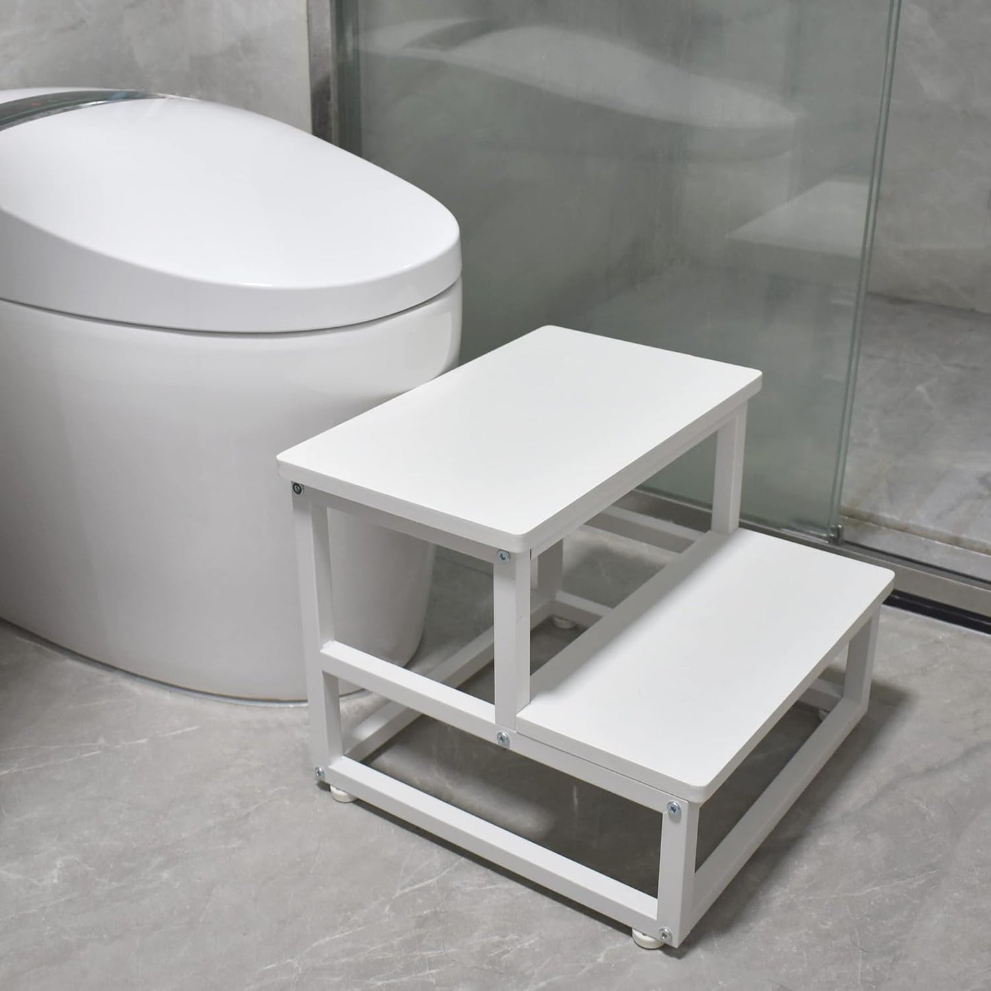 Nursery Step Stool, Wooden and Metal Foot Stool for Adult Kid, Steps for High Beds with Round Corners, Small Stepping Stool for Bedroom Kitchen, Load 500 LB, White