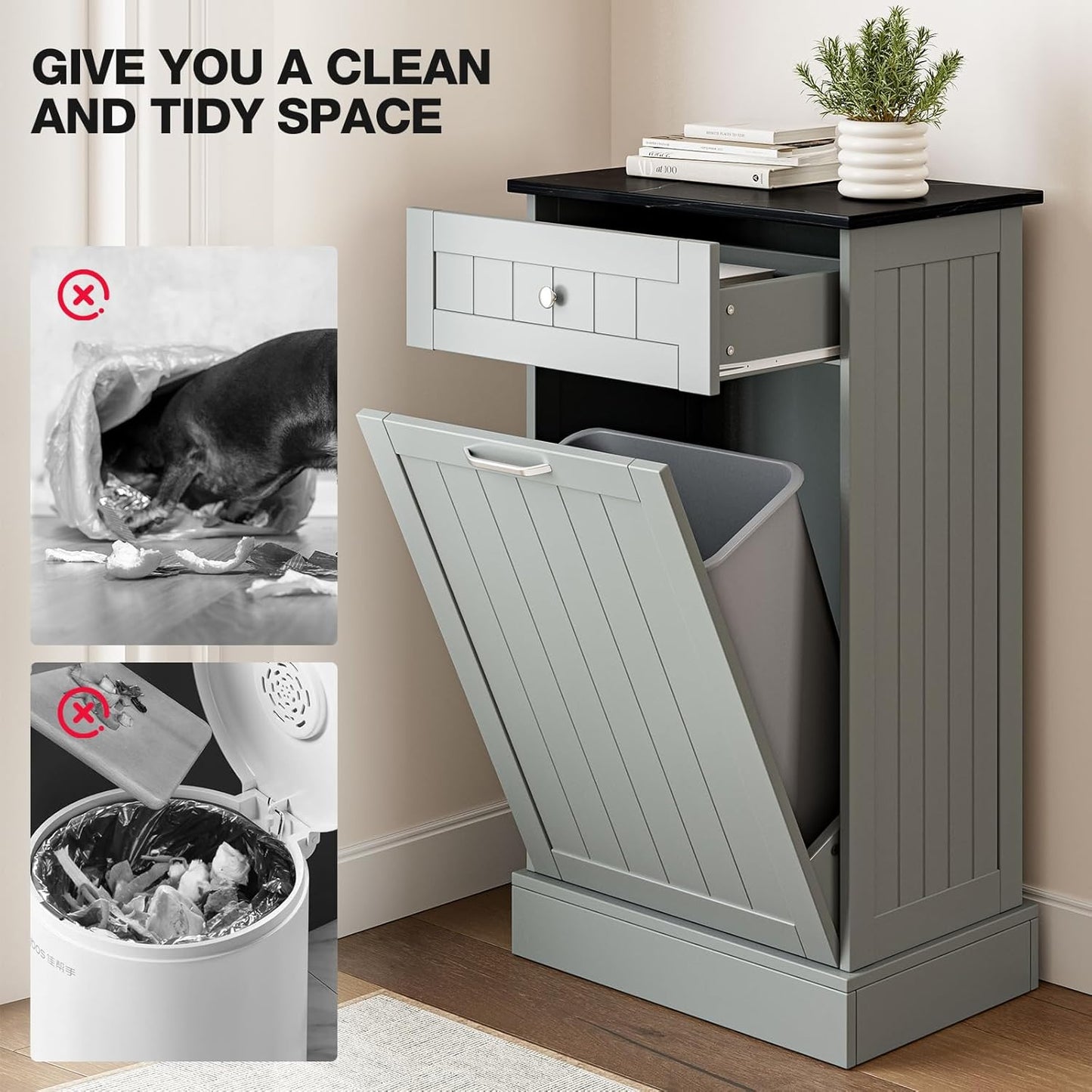 GAZHOME 10 Gallon Tilt Out Trash Cabinet, Upgrade Wooden Free Standing Recyclin Trash Cabinet with Hideaway Drawer(Gray)