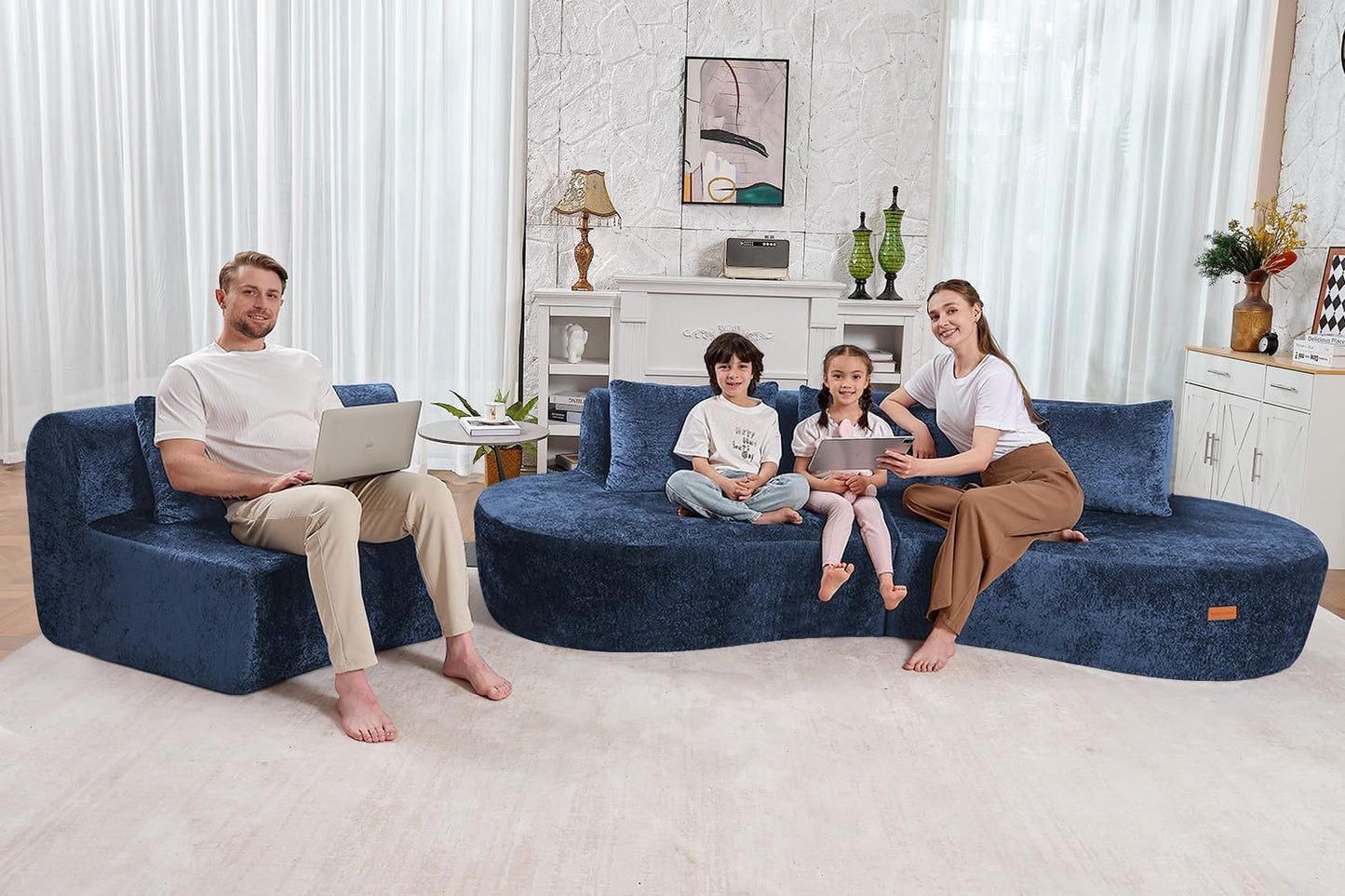 Homguava 130'' Modular Sectional Sofa,Curved Modern Sofa with Memory Foam,Deep Seat Cloud Couch with 4 Pillows,Upholstered Oversized Couches for Living Room Apartment Office,No Assembly Required-Blue