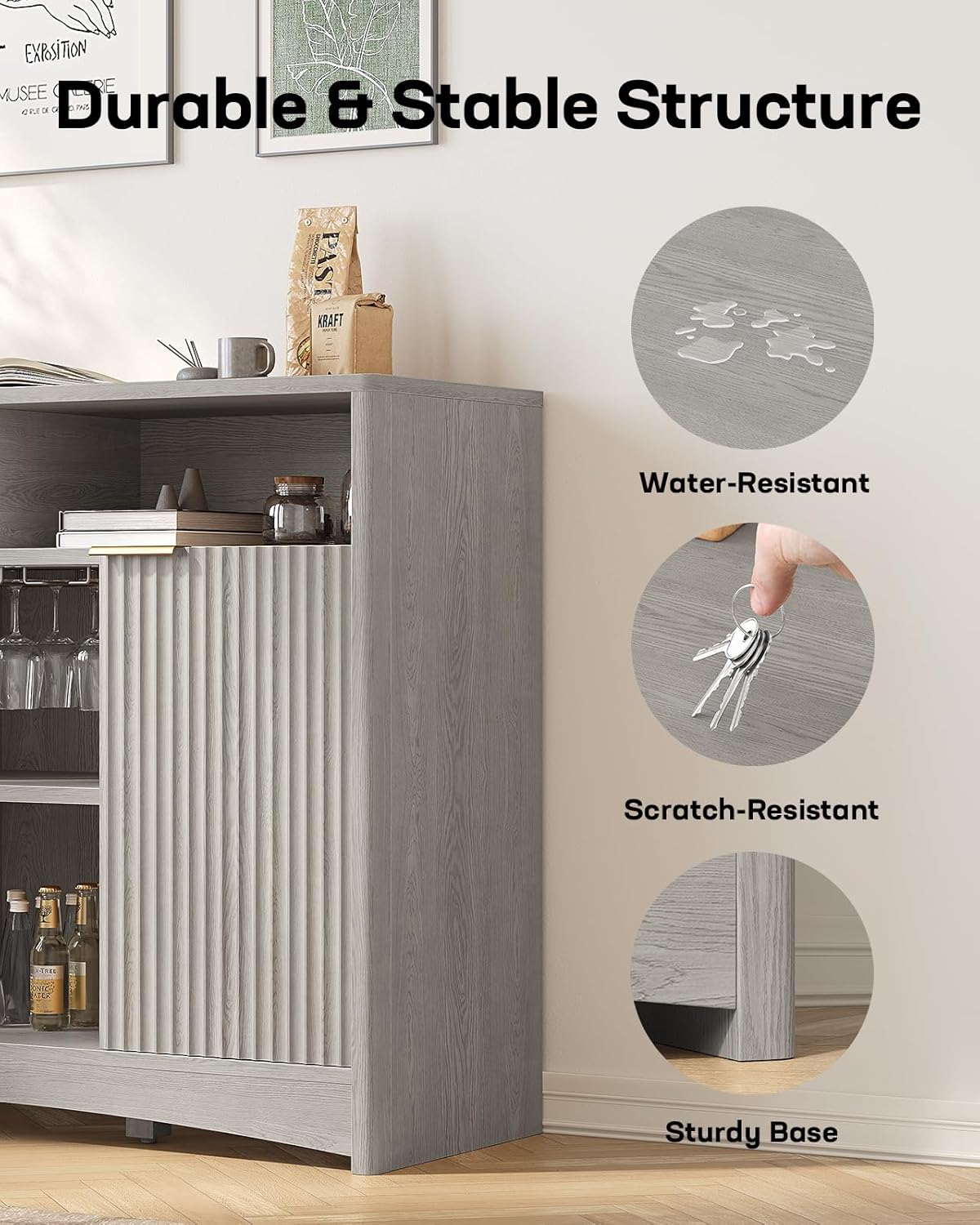 Marsail 47.2" Bar Cabinets with Storage, Modern Buffet Cabinet, Large Sideboard with 2 Fluted Panel Doors, Coffee Bar Cabinet with Adjustable Shelf and Glass Rack for Kitchen, Living Room, Grey