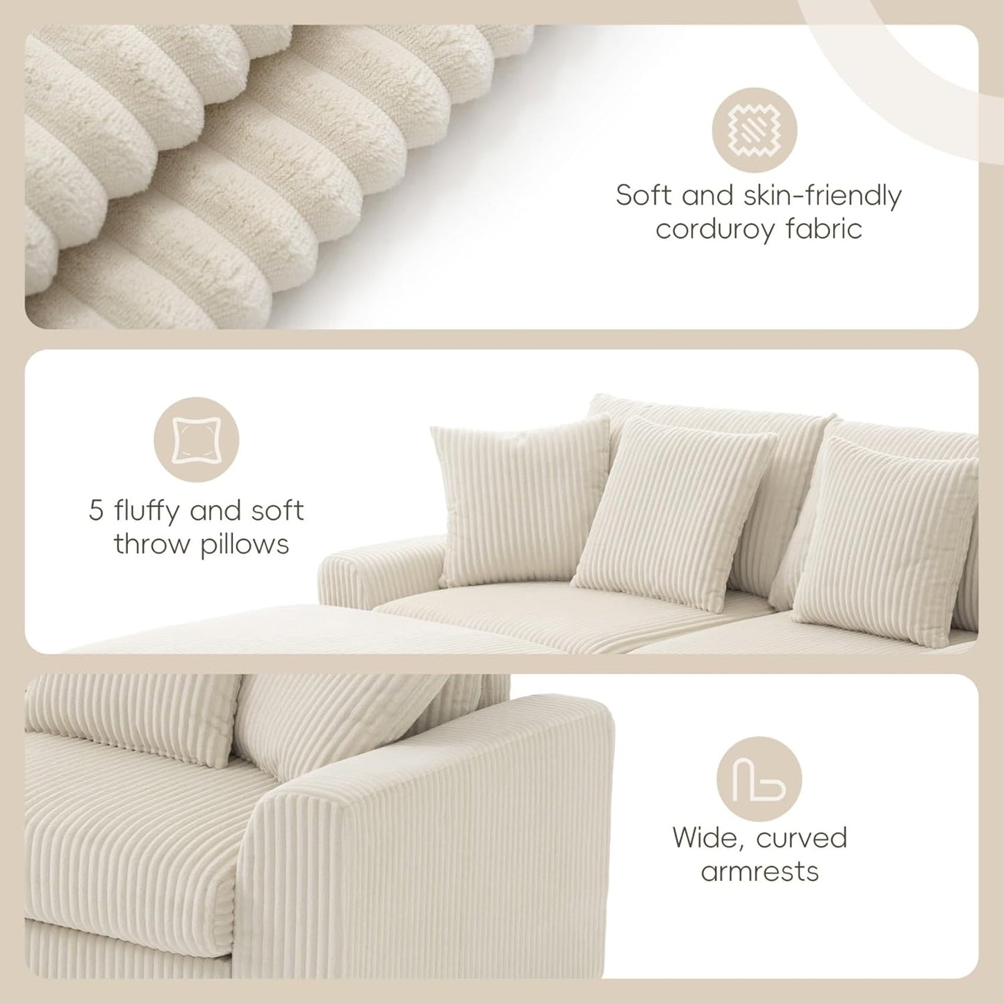 Merax 114 * 64" Corduroy Sectional Couches with Bluetooth Speakers, Storage, Ottoman & Pillows, Upholstered Modular Sofa Chaise with Console, USB Charger, Cup Holders for Living Room Apartment, Cream
