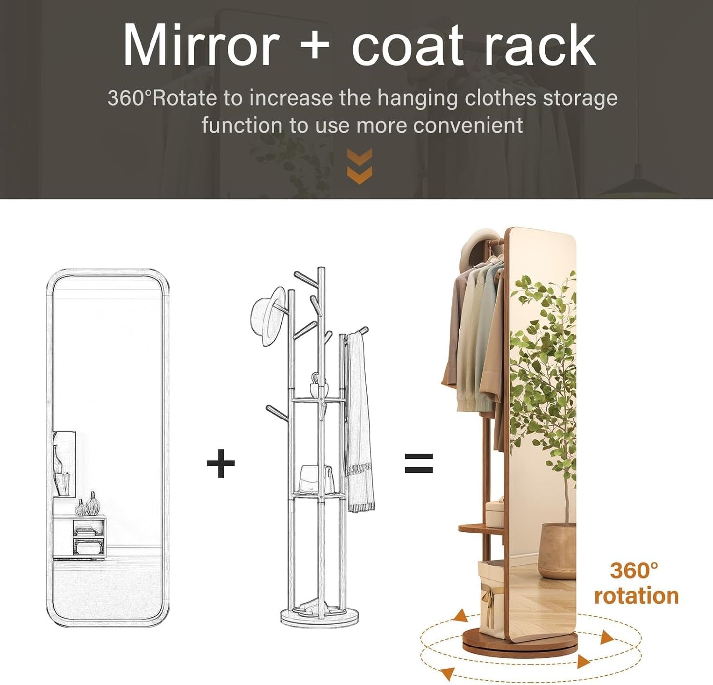70"x16"Full Length Mirror with Stand,Coat Rack with Mirror,Solid Wood Floor Mirror,Swivel Mirrorfor Bedroom, Living Room, Cloakroom