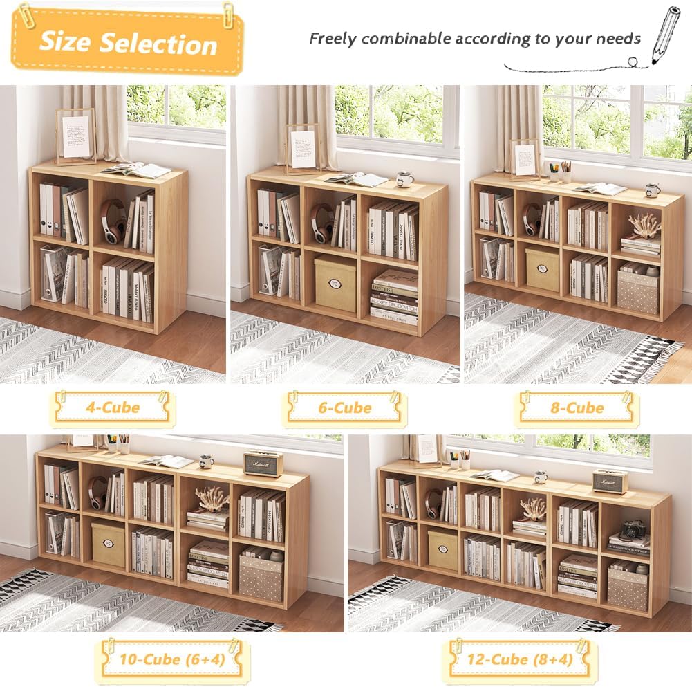 6 Cube Organizer Bookcase - Fabric Storage Bins Container, Open Shelf Simple Compartments Bookshelf, Oak