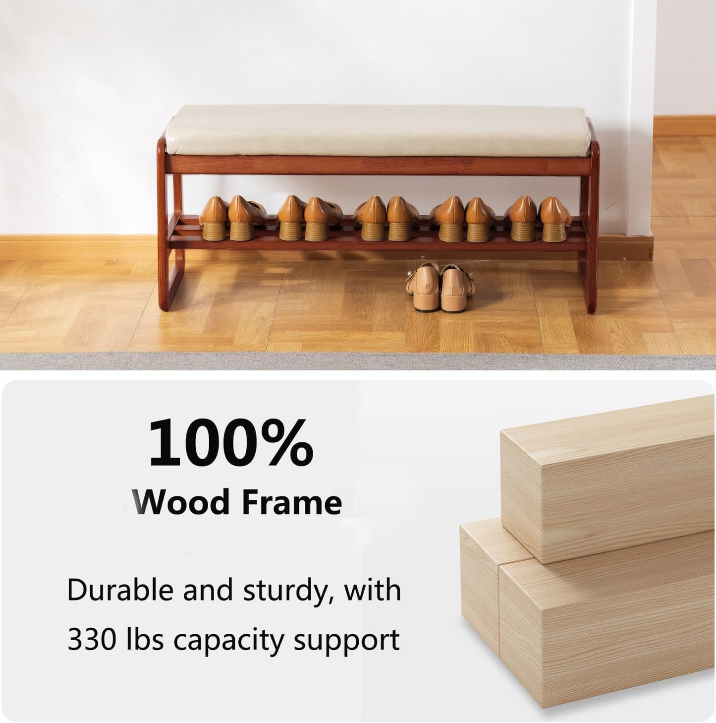 Solid Wood Shoe Bench, 2-Tier Wooden Entryway Bench, Modern Shoe Rack with Faux Leather Cushion for Hallway, Living Room (Gray, 39.4'')