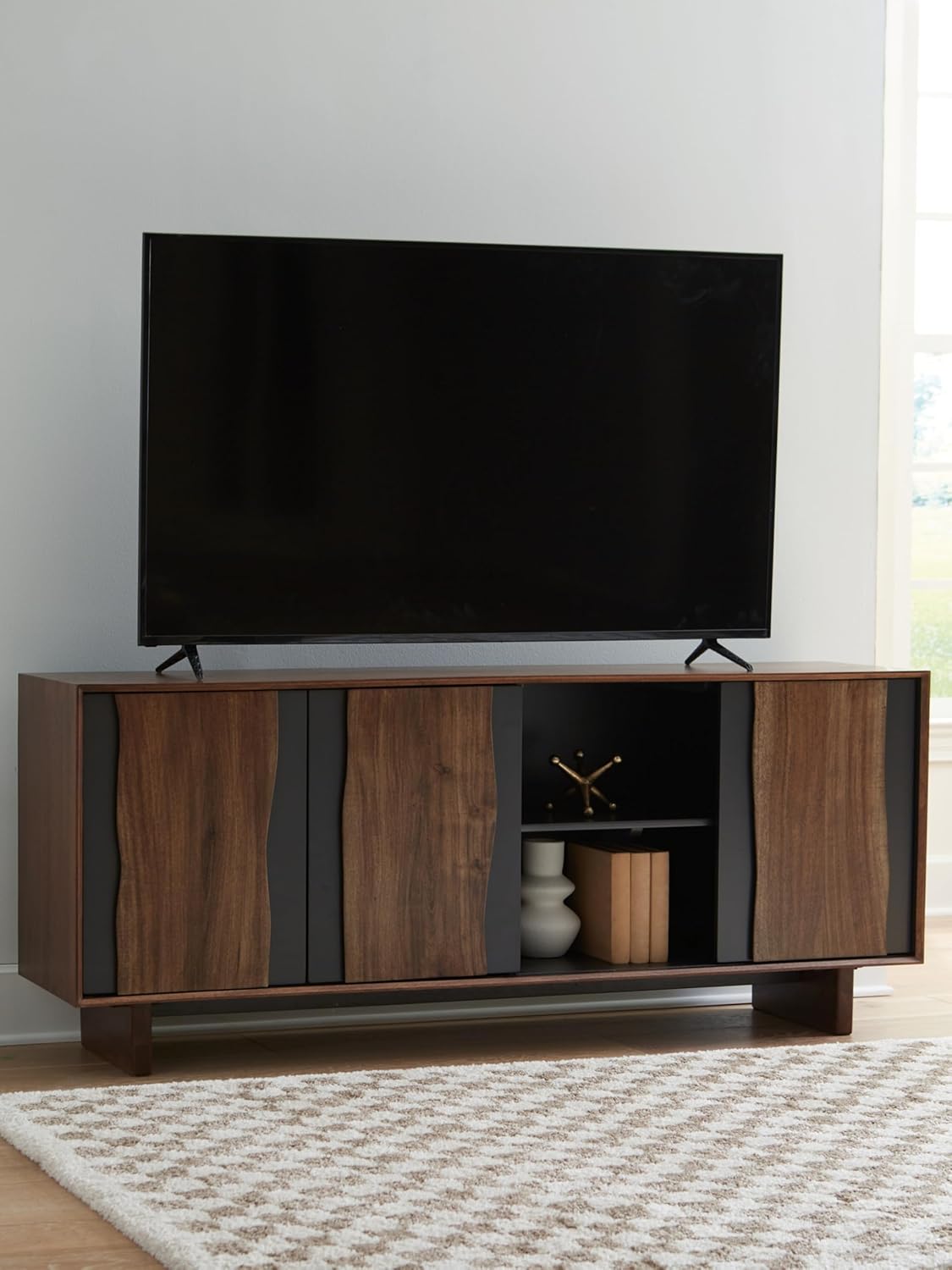 Signature Design by Ashley Welby Casual Soft-Close Accent Cabinet with Shelves and Wire Management, Dark Brown & Black