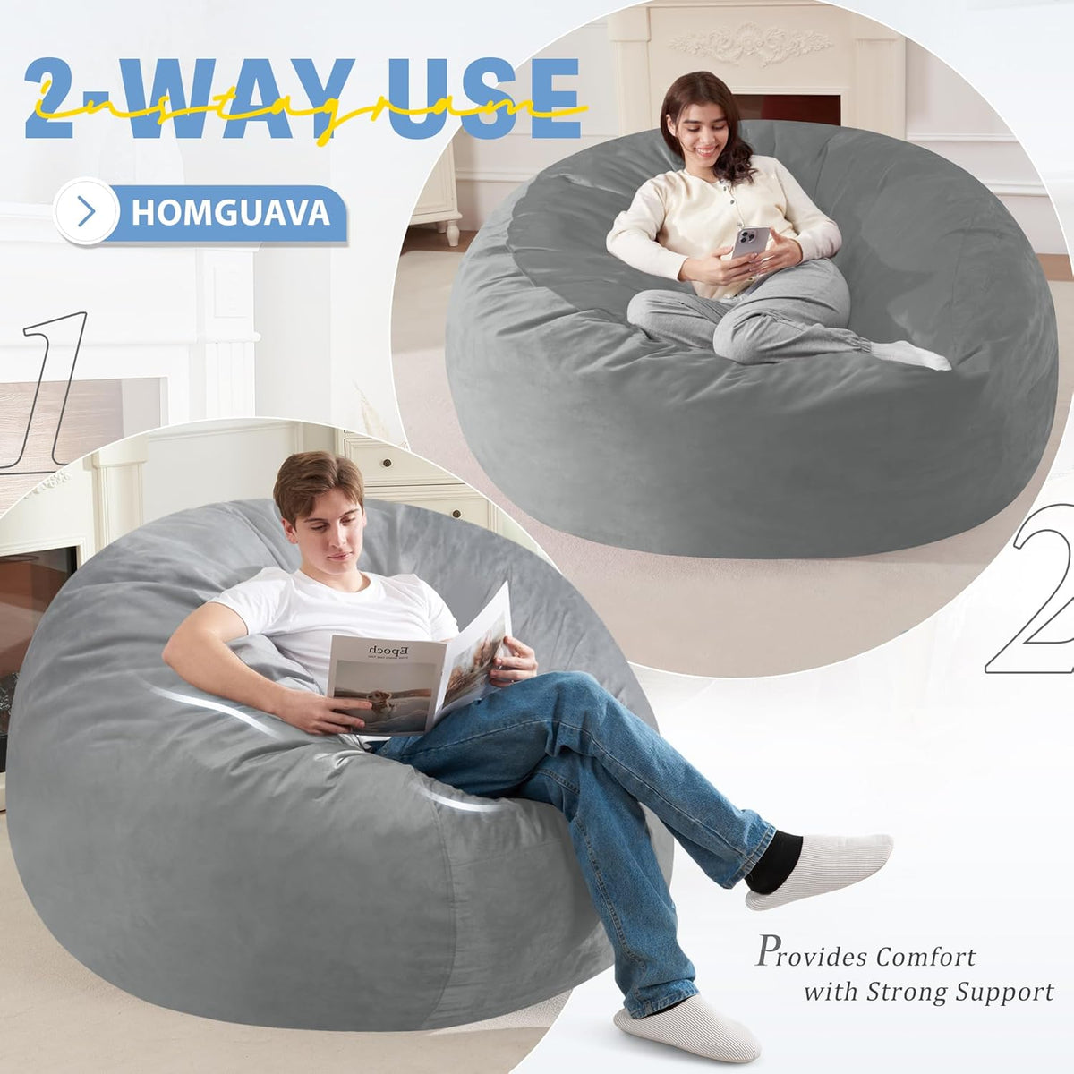 Homguava 6 FT Bean Bag Chair: 6' Bean Bags with Memory Foam Filled, Large Beanbag Chairs Soft Sofa with Dutch Velvet Cover-Light Grey