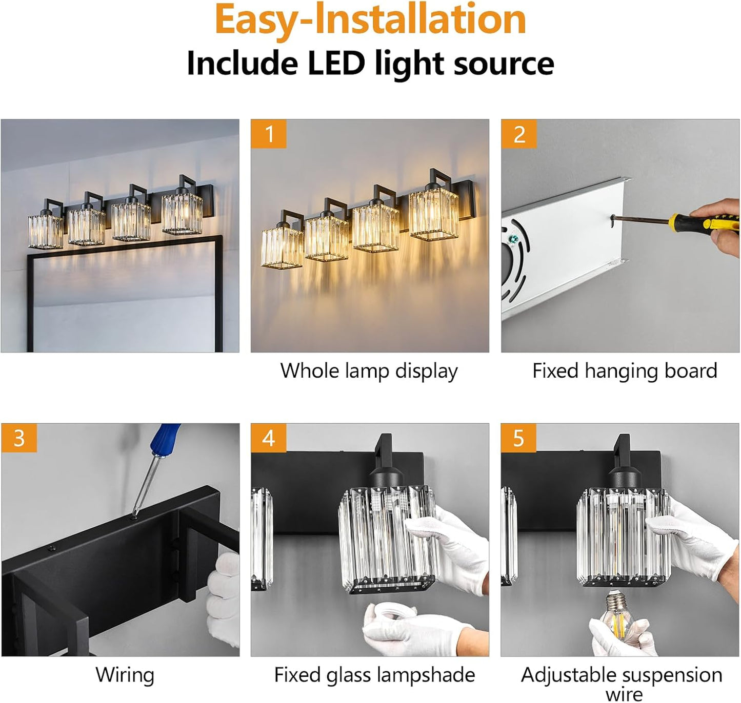 Modern Crystal Bathroom Vanity Light 4-Lights Black Modern Crystal Wall Lamp Bathroom Modern Crystal Vanity Lighting