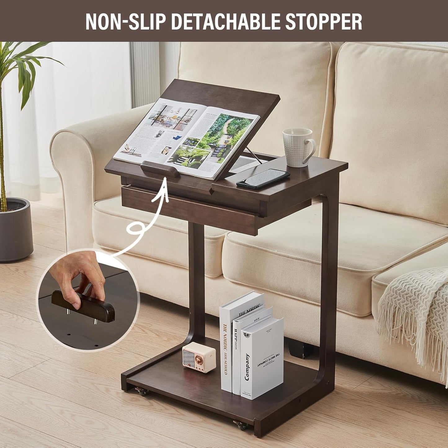 CozyDH Rolling Side Table with Wheels, Adjustable C Shaped End Table for Couch, Solid Wood TV Tray Sofa Arm Table for Eating Multi-Purpose, Small Coffee Table Living Room Bedroom, Walnut