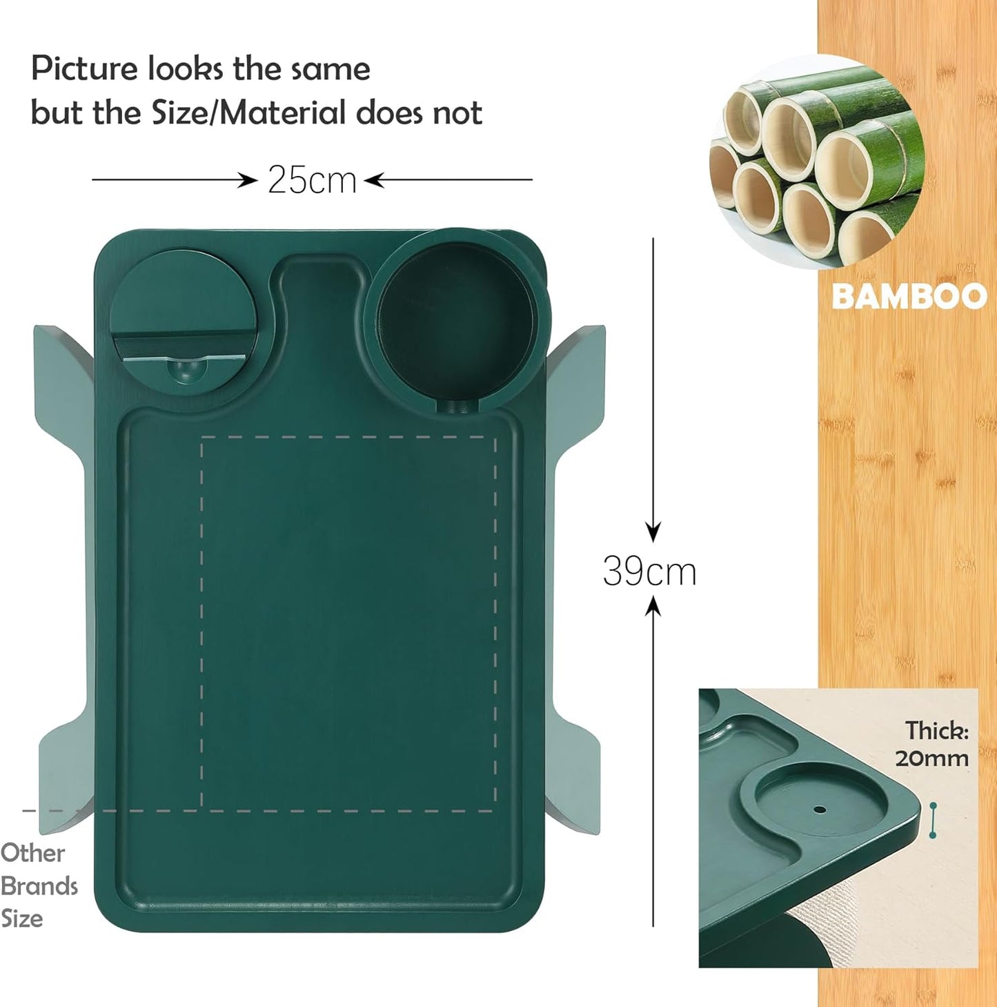 Nnewvante Couch Arm Table,3 in 1 Large 15.36"x9.85" Bamboo Sofa Arm Clip on TV Tray Table with 360°Rotated Phone/Cup Holder, Dark Green