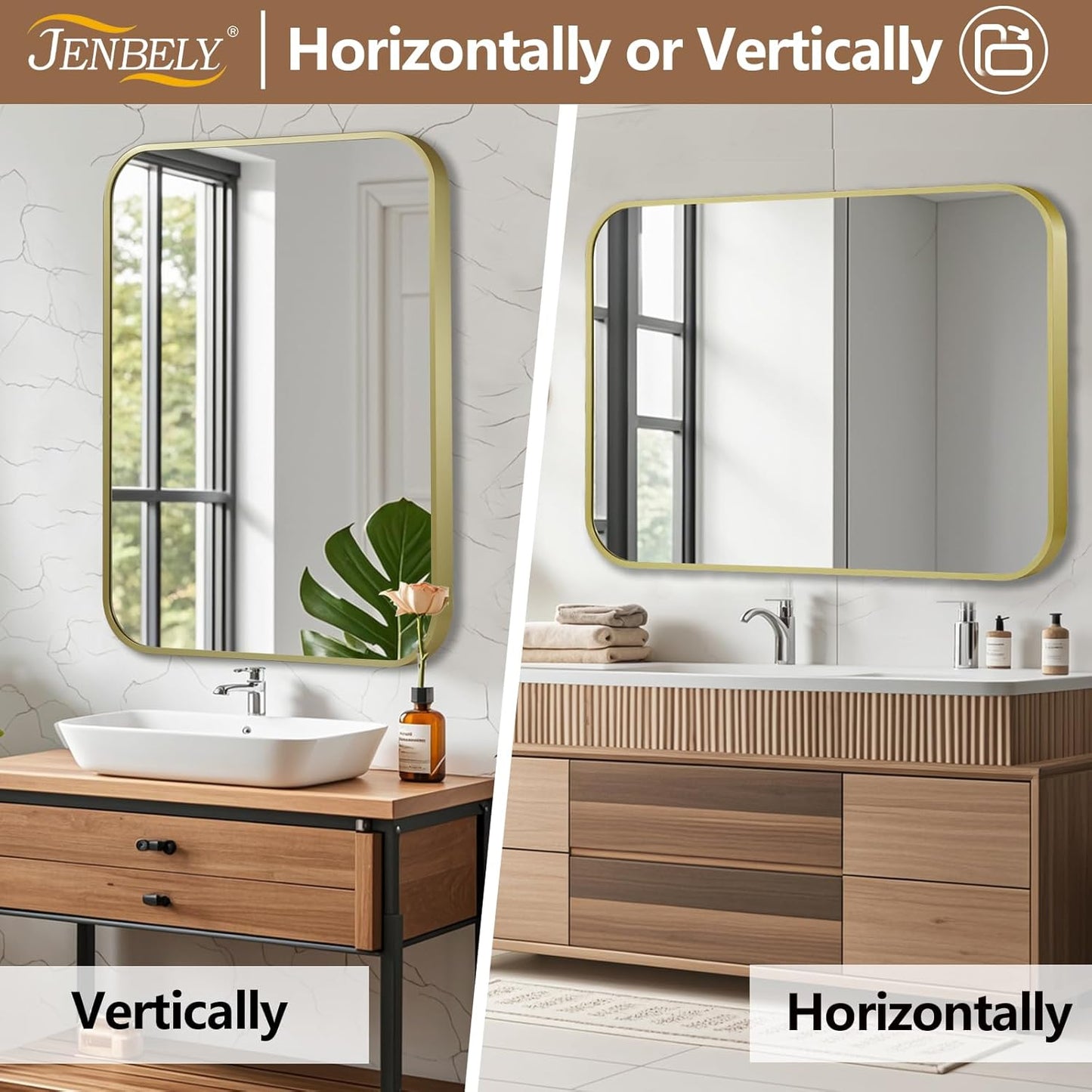20x28 Inch Gold Mirror, Framed Rectangle Mirror with Rounded Corner, Brushed Brass Mirror, Gold Bathroom Mirror for Over Sink, Vanity, Living Room, Bedroom, Horizontal/Vertical