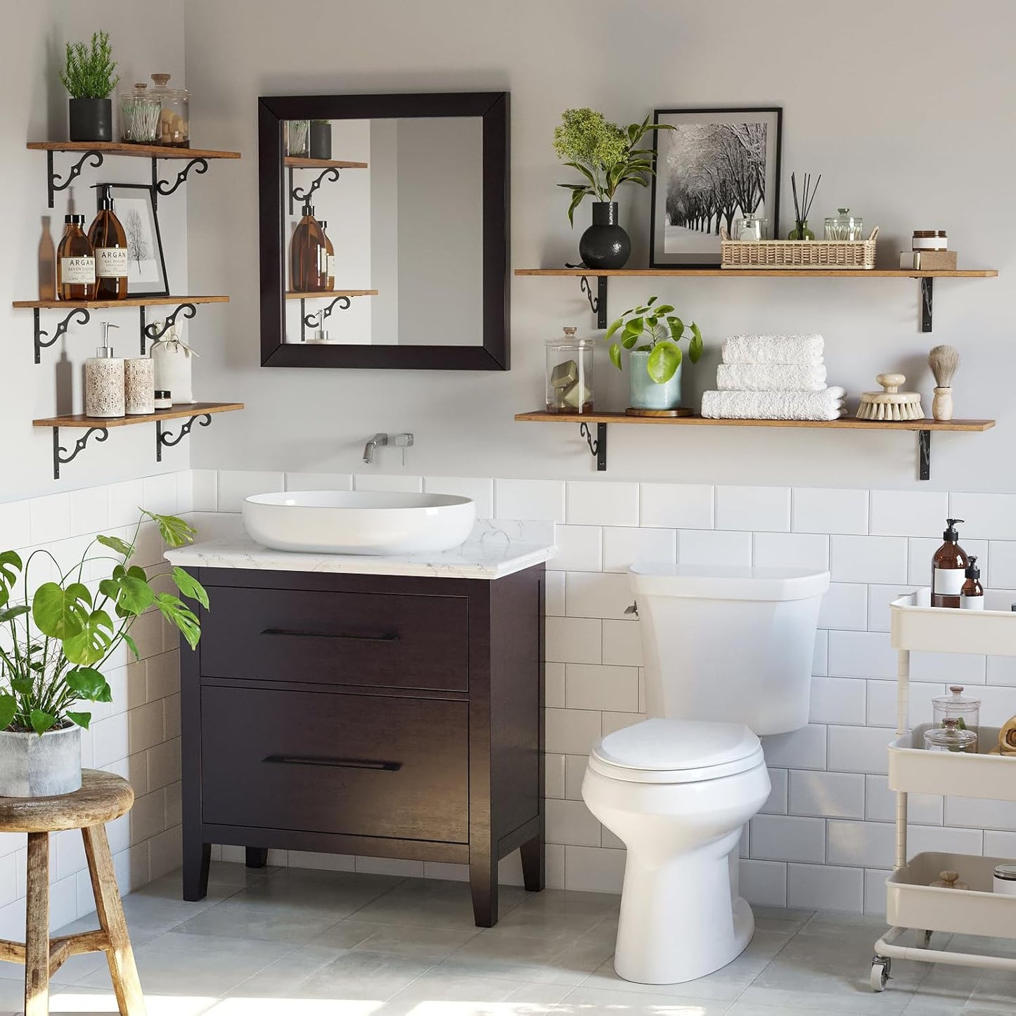 DINZI LVJ Long Wall Shelves, 47.3 Inch Large Floating Shelves Set of 4, Wide Display Shelf Wall Mounted with Brackets, Easy Hanging for Living Room, Toilet, Office, Bedroom, Rustic Brown