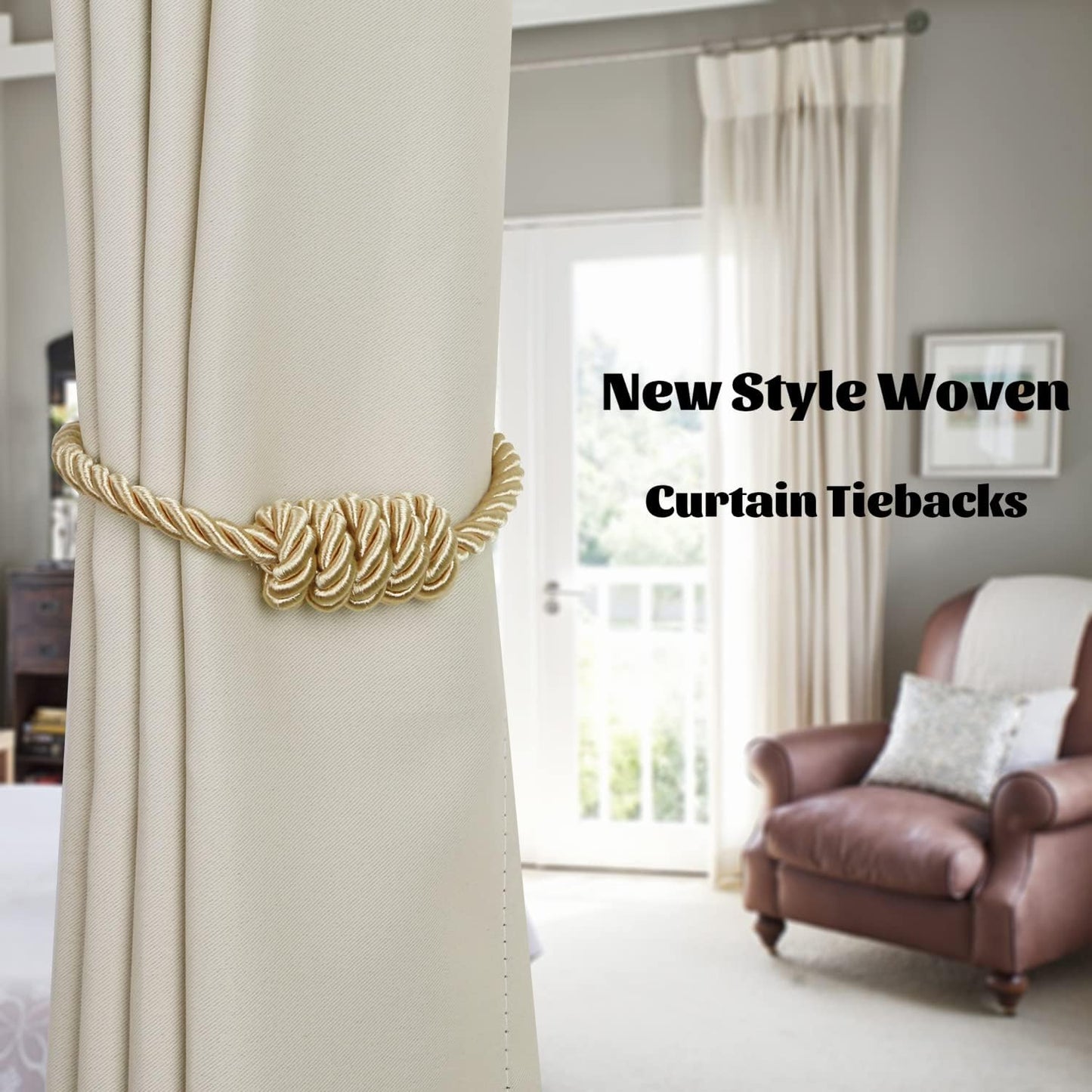 BEL AVENIR Magnetic Curtain Tiebacks, Decorative Drapery Holdbacks Modern Woven Tie-Backs with Exquisite Knot (Gold, 4 Pack)