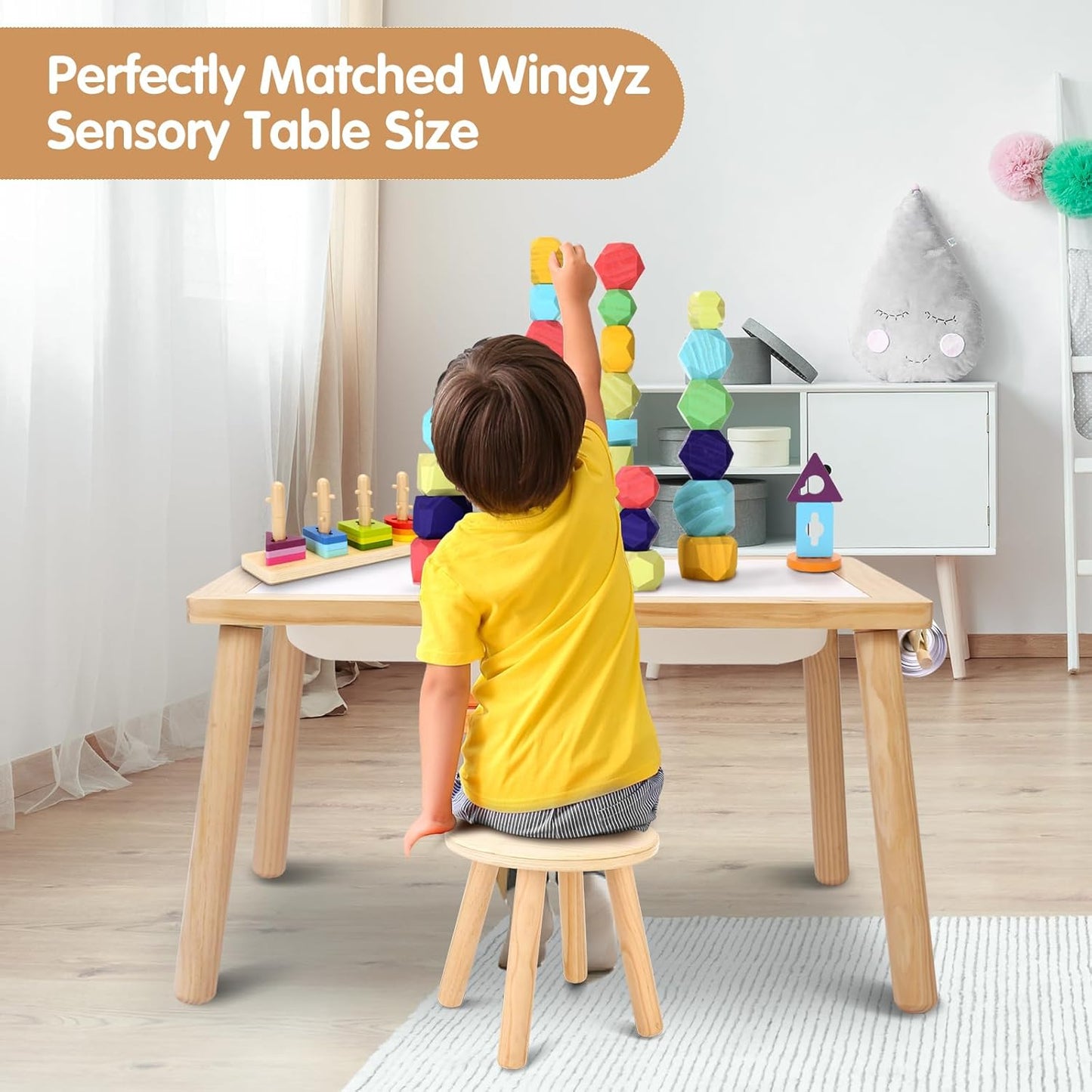 wingyz Wooden Step Stools for Kids, 10 Inch Solid Kids Chairs Perfect Matched Sensory Table, Multi-Purpose Children Sitting Stool for Playroom Bathroom (Natural, 1 Pack)
