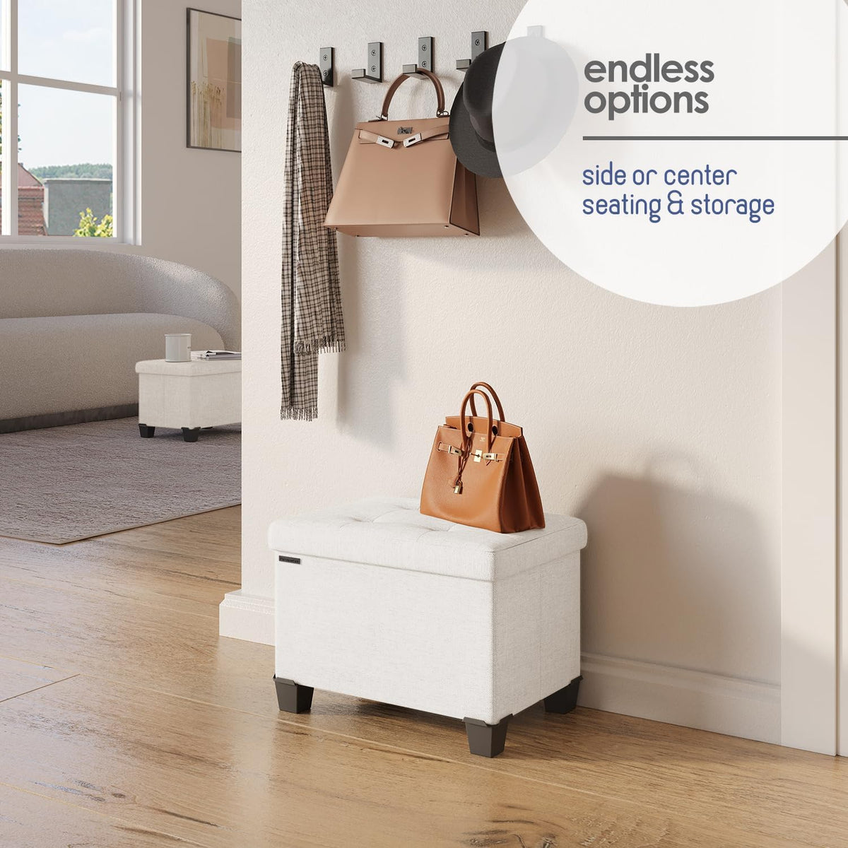 STORAGEBUD Storage Ottoman Cube with Small Bin, 16-in Square Ottoman with Storage for Living Room and Bedroom, Small Ottomans Foot Rest, Fabric Foot Stools Ottomans Max 330lbs, Cream