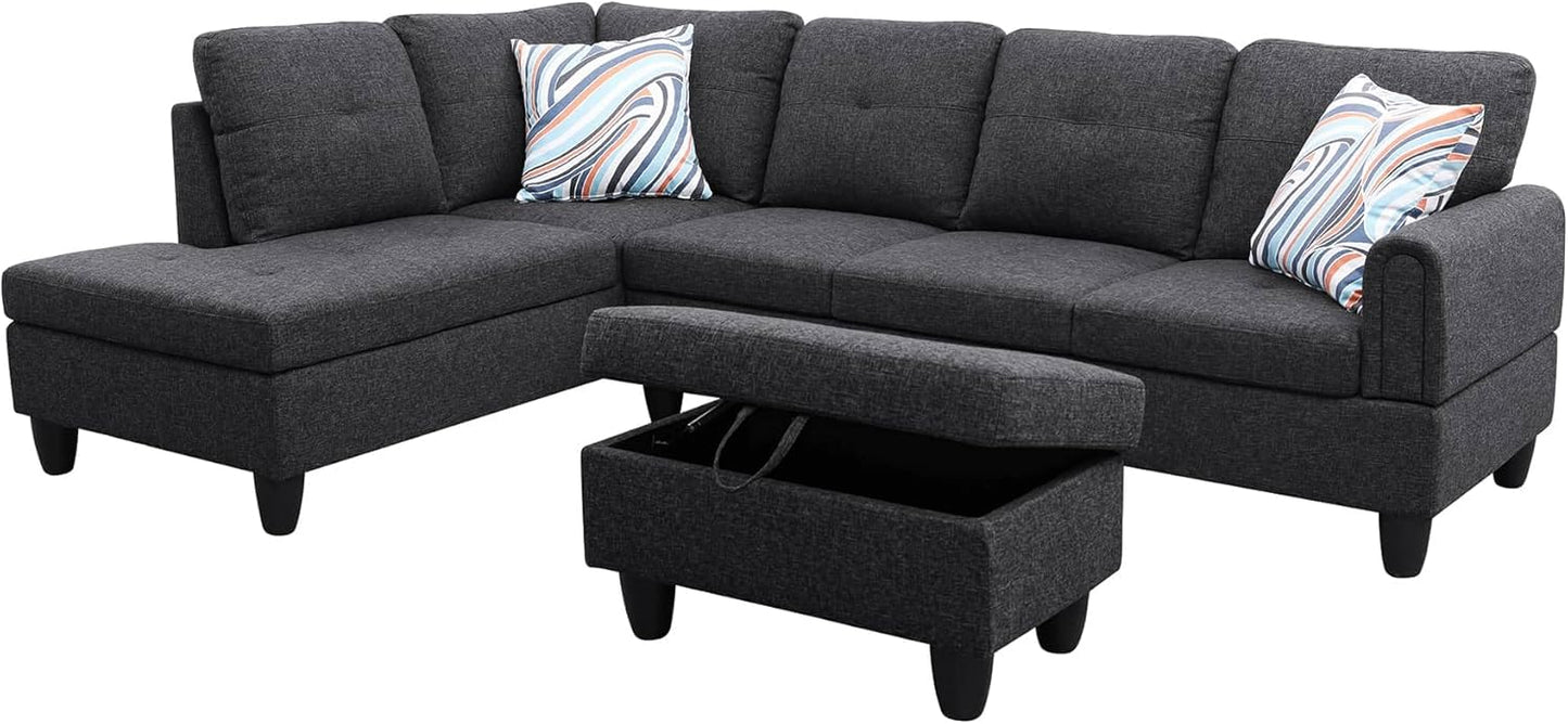 L Shaped Sectional Couch with Otttoman, 97" Sectional Sofa for Living Room Flannel Modular Couches with Cup Holders for Bedroom, Apartments, Black Grey