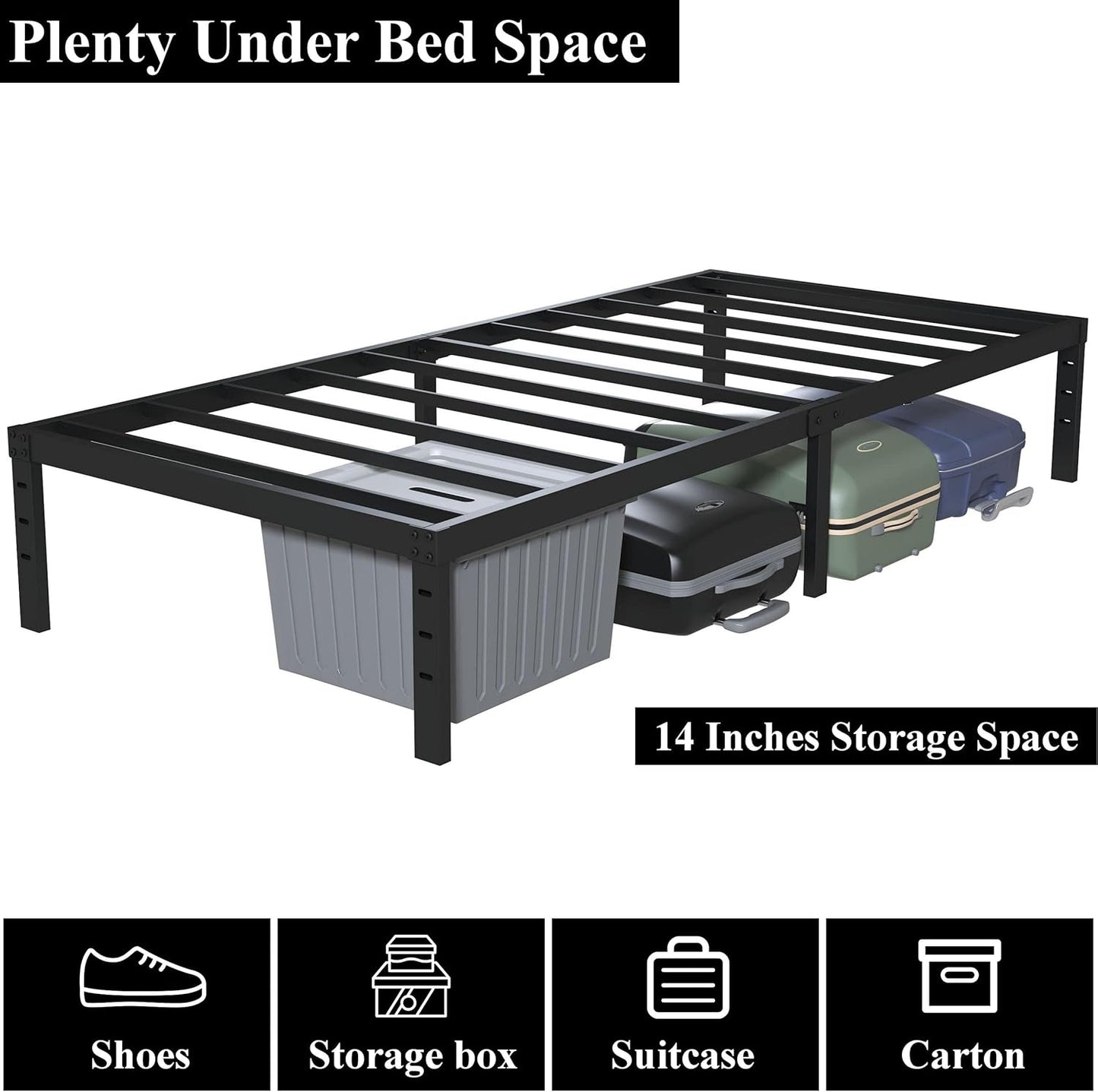 16 Inch Twin XL Bed Frames, Metal Platform Twin XL Bed Frame with Storage, 2,500 lbs Heavy Duty Steel Slats Support, Easy Assembly Mattress Foundation, Black