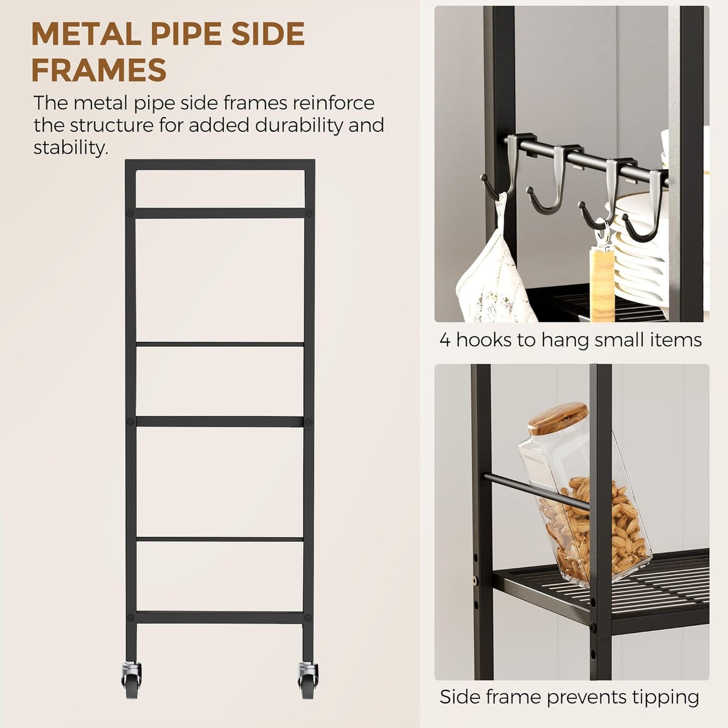 3-Tier Metal Storage Rack with Industrial Wheels,Mesh Shelving Unit with Wooden Table top,Adjustable Shelf,31.5-Inch Width, for Kitchen, Laundry,Pantry,Plant,Black panel and black frame