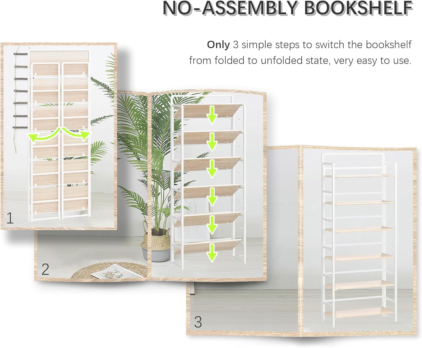 4NM No-Assembly 6 Tiers Folding Bookshelf Storage Shelves Vintage Bookcase Standing Racks Study Organizer Home Office (Natural White)