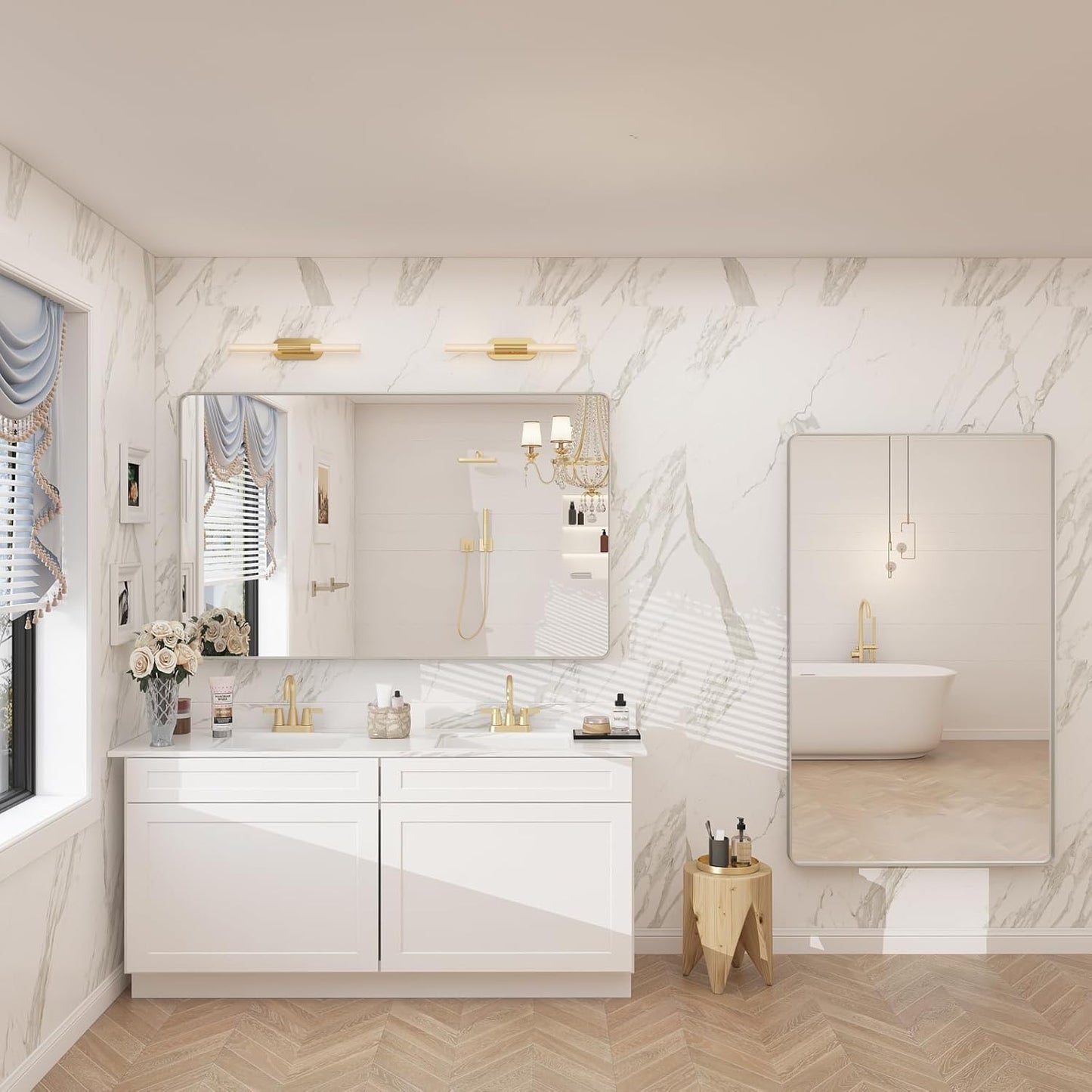 48x32 Silver Bathroom Mirror for Wall, Brushed Metal Framed Bathroom Vanity Mirror, Modern Rectangle Mirror, Rounded Corners, Shatterproof (Horizontal/Vertical)