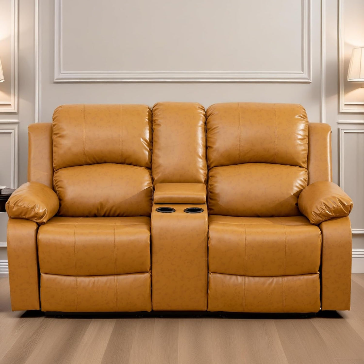 Loveseat Recliner Sofa, Reclining Loveseat Leather Couch with Storage Console, Modern Comfy Home Theater Seating Power Recliner Chair with Cup Holders for Living Room Furniture Sets, Orange