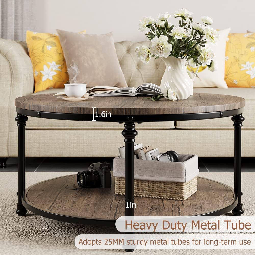 34.25in Round Wood Coffee Table,2-Tier Small Coffee Table with Storage Shelf Modern Design Home Furniture for Living Room, Apartment,Light Walnut