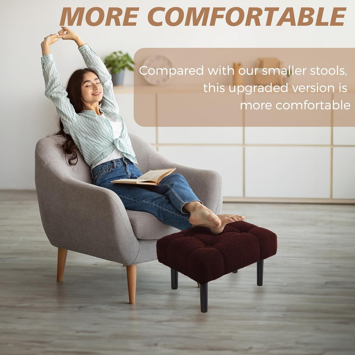 HOUCHICS Fur Padded Foot Stool, Small Ottoman Foot Rest with Wooden Legs,Modern Rectangle Chair Foot Rest Foot Step Stool for Living Room, Couch, Desk(Wine Red