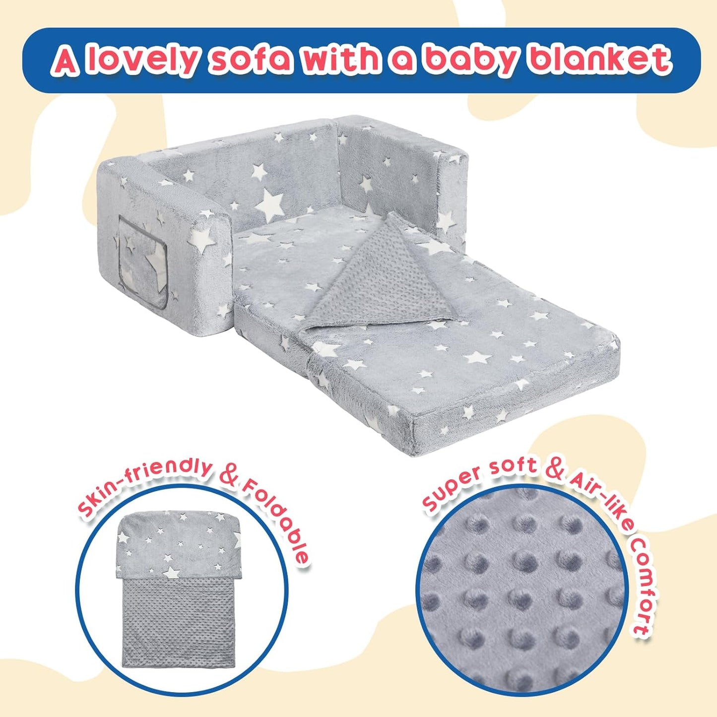 ALIMORDEN Fold Out Toddler Couch, Extra Wide Comfy 2-in-1 Cuddly Sherpa Sofa for Kids, with Removable Baby Friendly Blanket, Convertible Sofa to Bed, Star