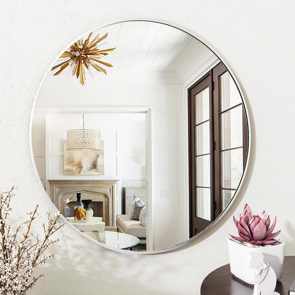 Silver Round Bathroom Mirror, 24 inch Circle Wall Mounted Hanging Mirror with Simple Modern Circular Metal Frame for Hallway, Entryway, Living Room, Silver Frame