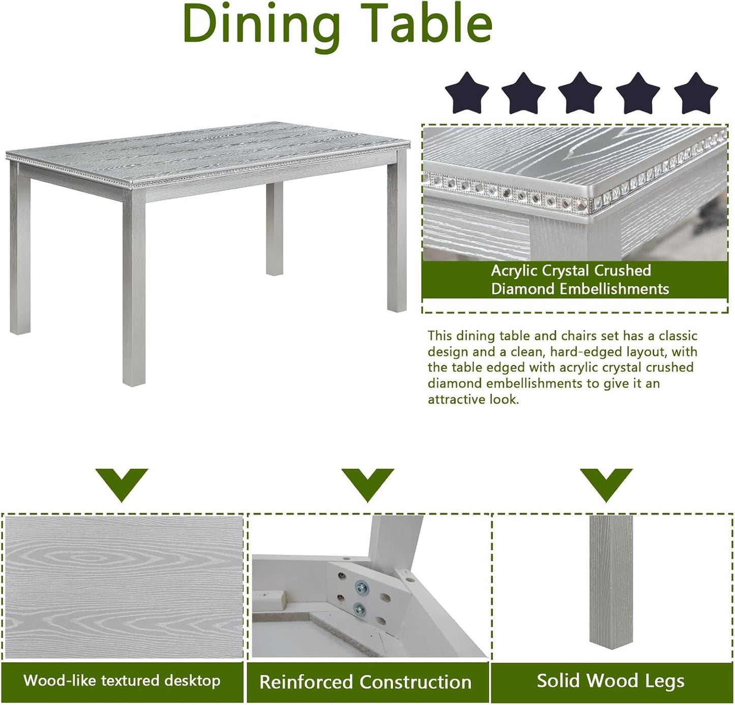 Ball & Cast 6 Piece Dining Table Set,Kitchen Table Set for 6 W/ 58.5" Rectangular Wooden Dining Table,Living Room Furniture W/ 4 Upholstered Chairs & 1 Bench,for Dining Room,Kitchen,Silver Grey