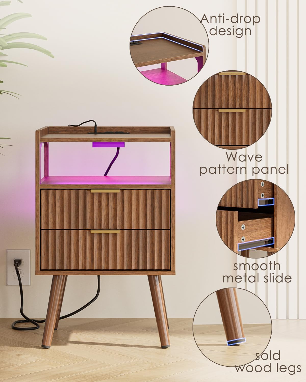 Nightstand with Charging Station and LED Lights,Modern Bedside Table with 2Drawer and Open Shelf,Walnut Night Stand with Solid Wood Legs,End Table for Living Room、Bedroom and Small Spaces