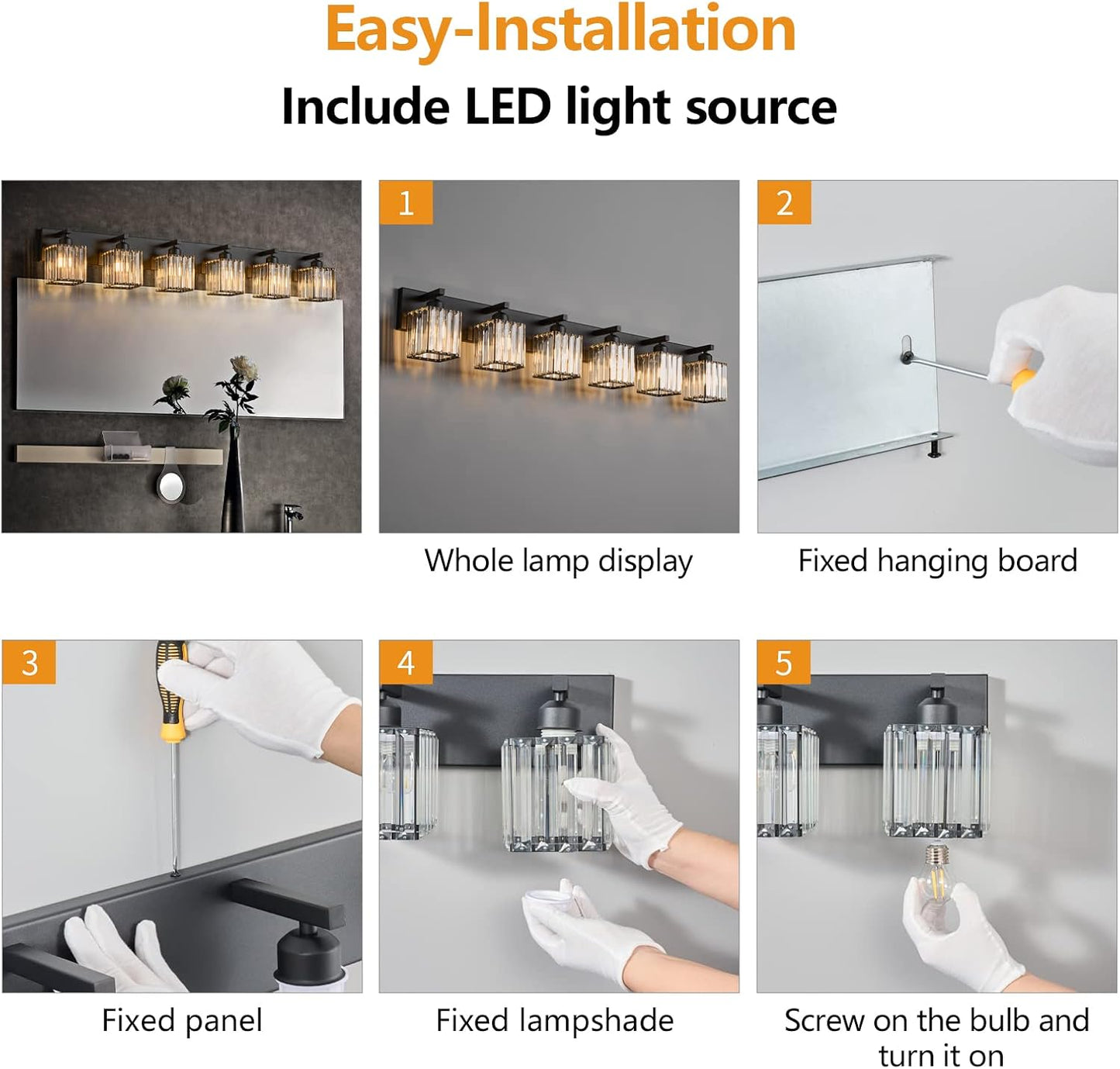 Modern Black Crystal Bathroom Vanity Light - 6-Lights Wall Light Fixtures