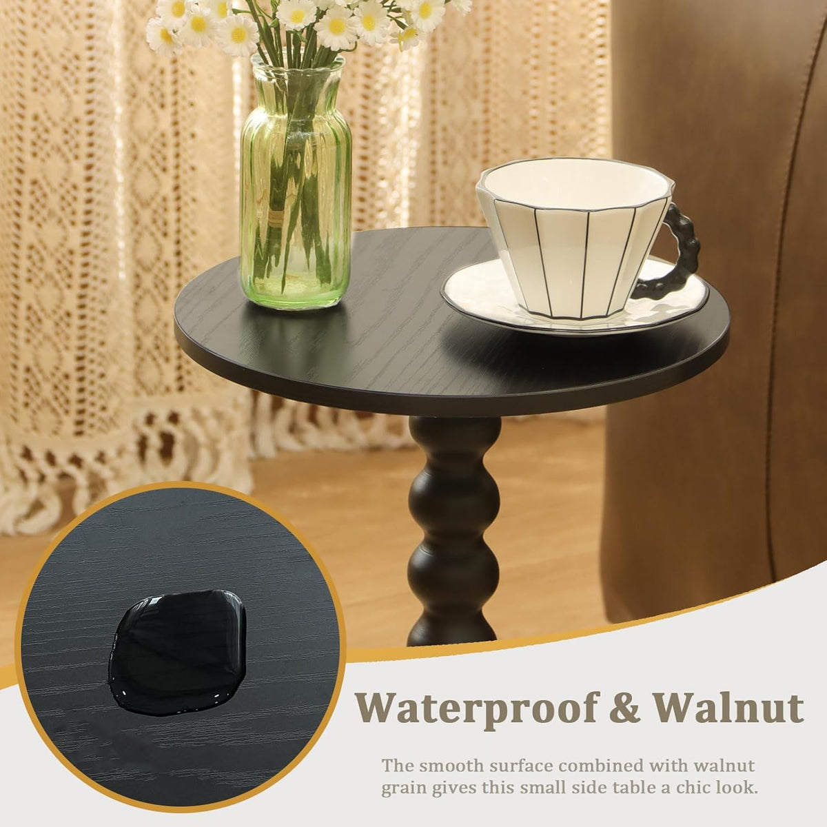 Round Side Table, Small Drink Table for Small Spaces, Modern Accent End Table Nightstand with Solid Wood Leg for Living Room, Bedroom, Corners, and Office (Black)