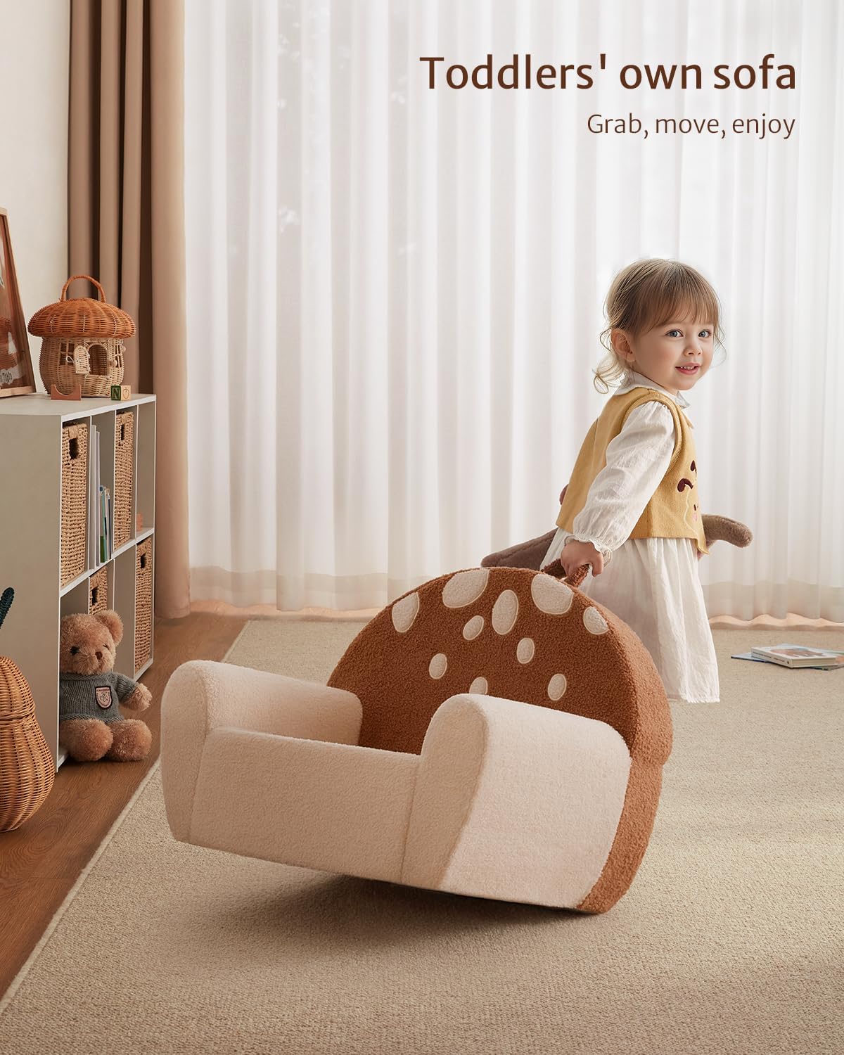 Blissful Diary Toddler Chair Comfy, Foam Kids Chair with Soft Teddy Plush, Toddler Reading Armchair with Cute Mushroom Designs- Brown