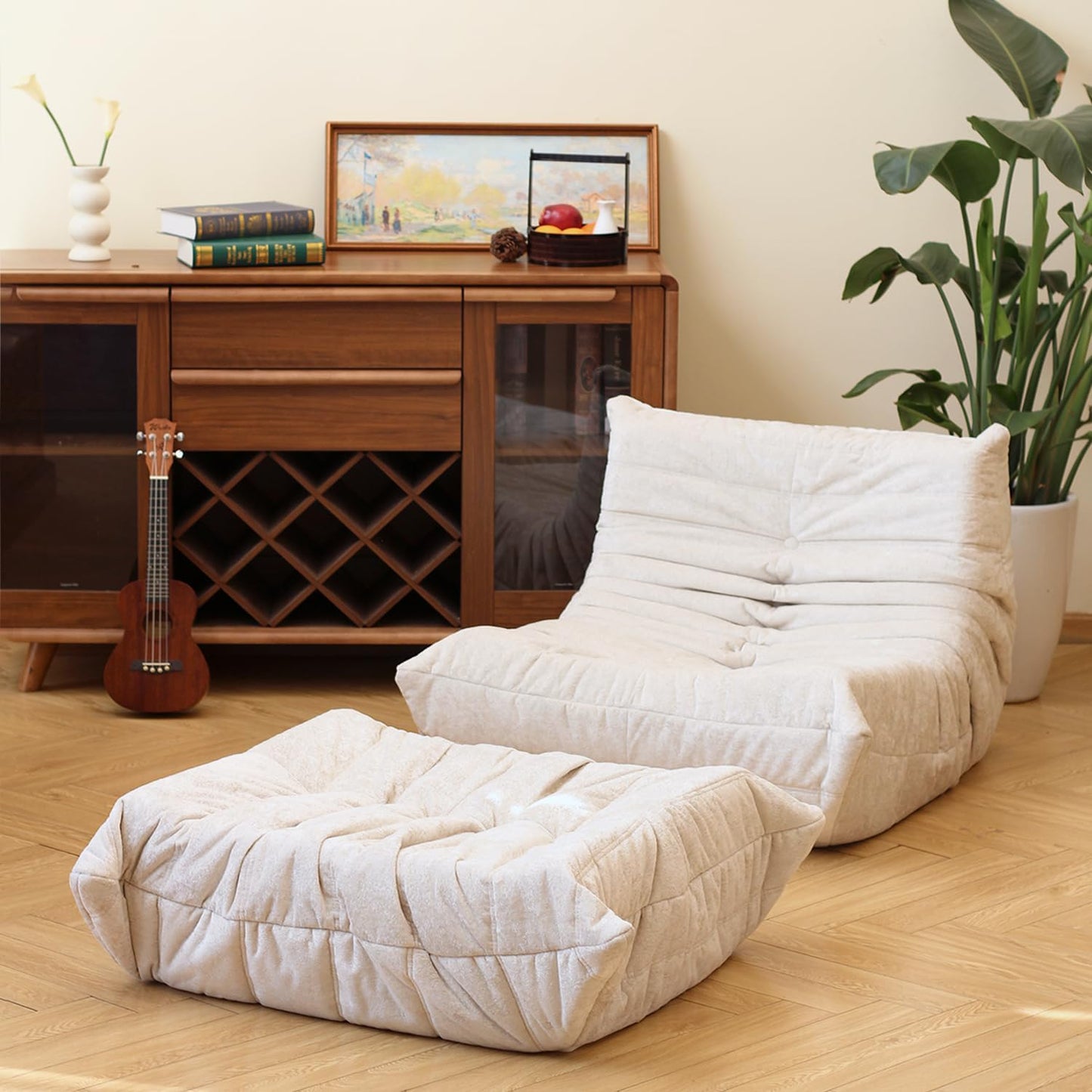 N&V Fireside Chair, Mid Century Armless Floor Sofa, Soft Premium Chenille Floor Lounge Chair, Foam Sofa Accent Chair for Living Room Bedroom and Office (White, Single)