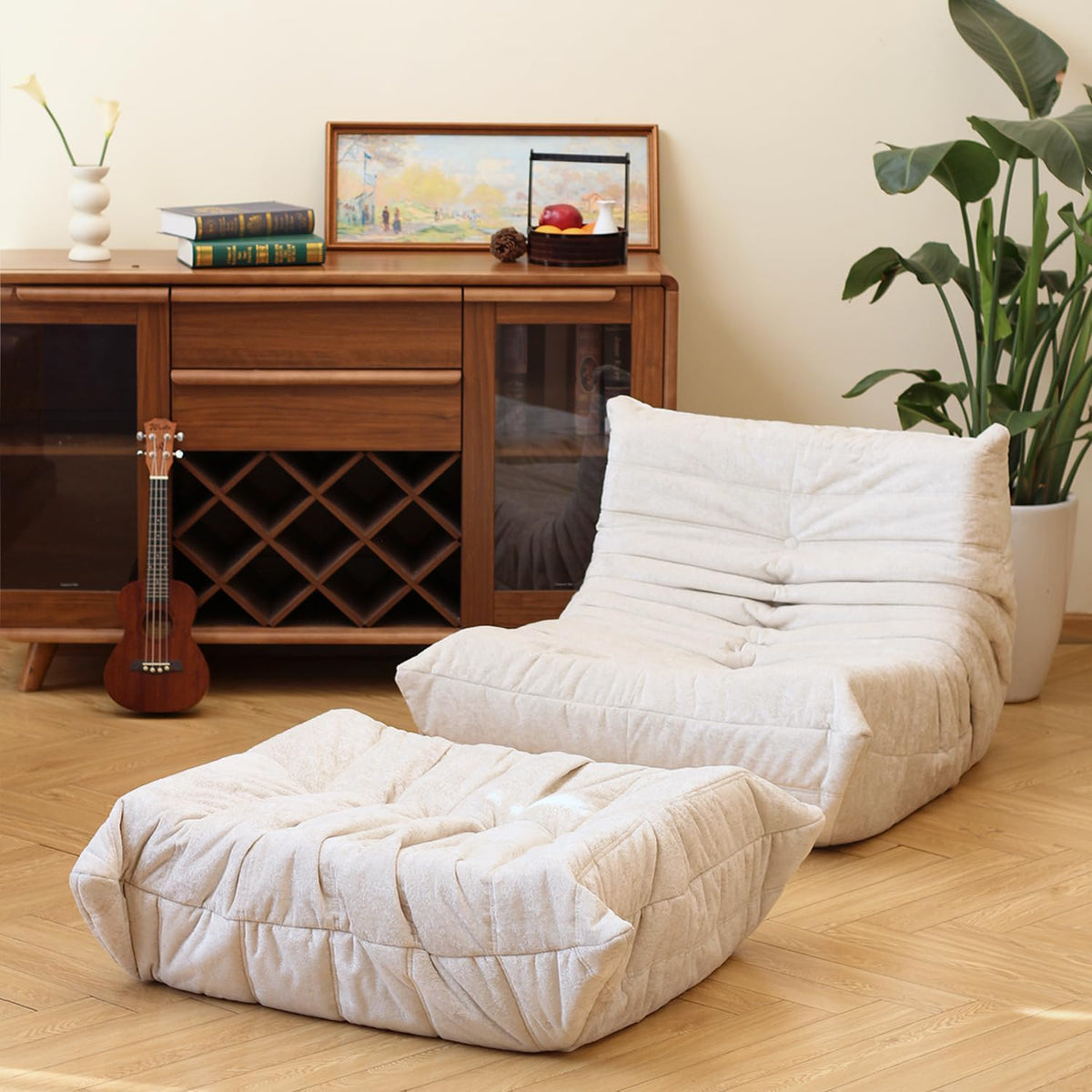 N&V Fireside Chair, Mid Century Armless Floor Sofa, Soft Premium Chenille Floor Lounge Chair, Foam Sofa Accent Chair for Living Room Bedroom and Office (White, Ottoman)