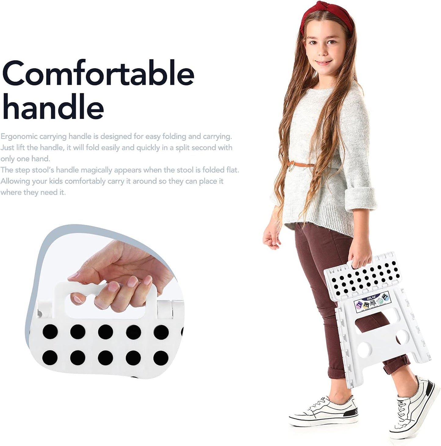 Delxo 13" Folding Step Stool, Non-Slip Foldable Step Stools with Handle,Plastic Portable Folding Stool for Bathroom,Bedroom,Kitchen,Hold up to 300lbs White