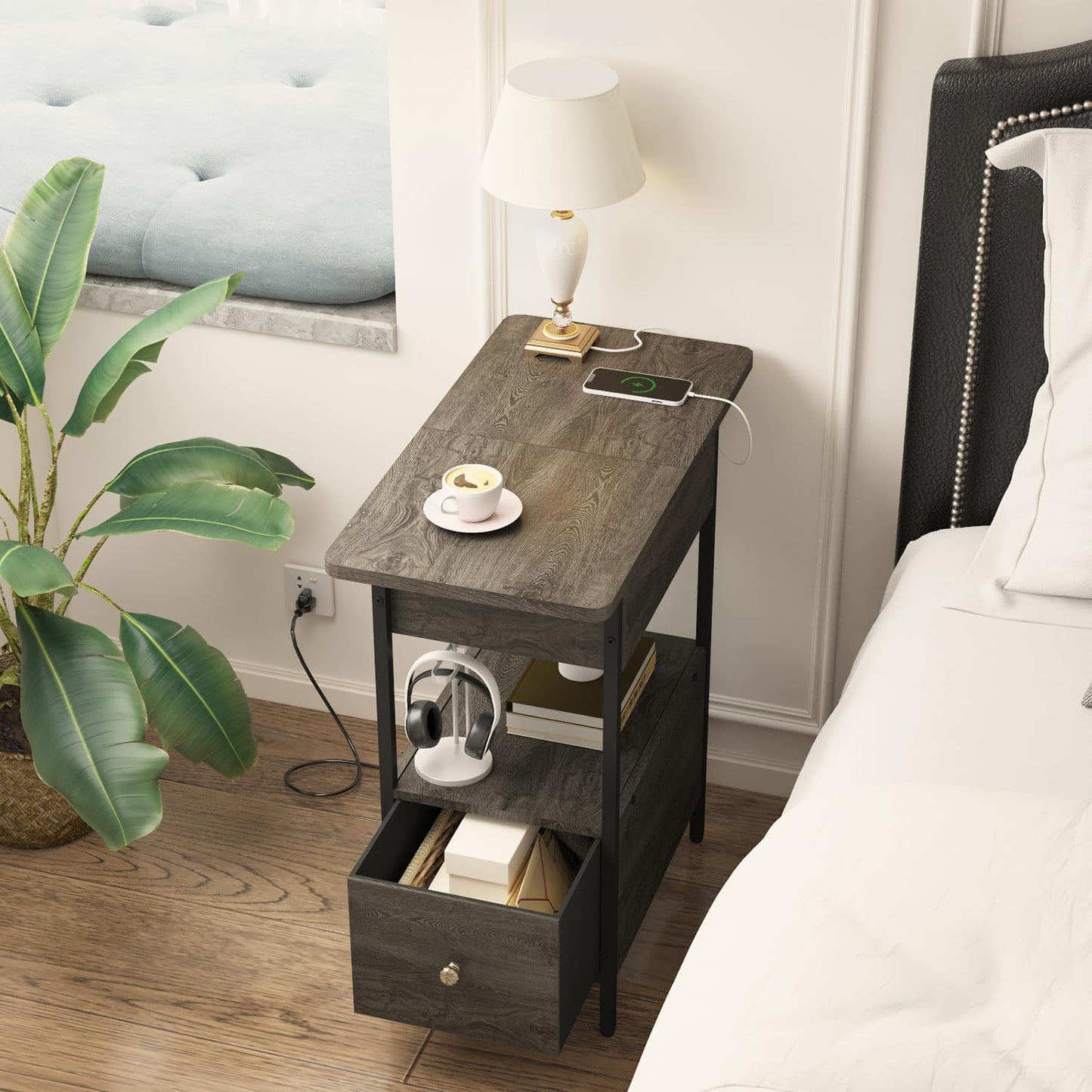 SOOWERY End Table with Charging Station, Narrow Side Table with Flip Top Cabinet and Fabric Drawer, Nightstand Bedside Tables for Small Spaces, Bedroom, Living Room, Dark Grey